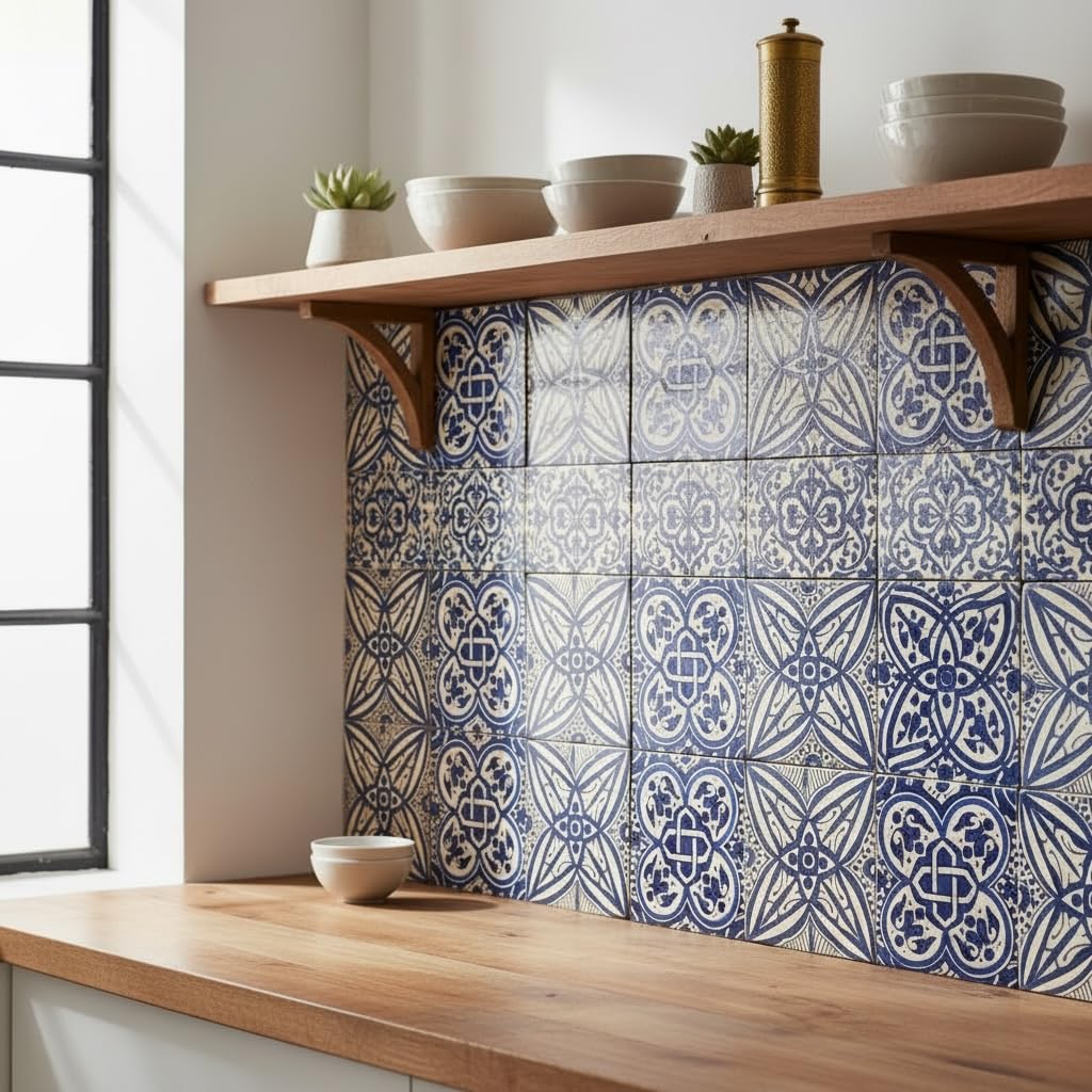 Azulejos marroquíes pintados a mano, cerámica artesanal de Fes, azul y blanco, 15 x 15 cm, juego de 4, estilo mediterráneo boho