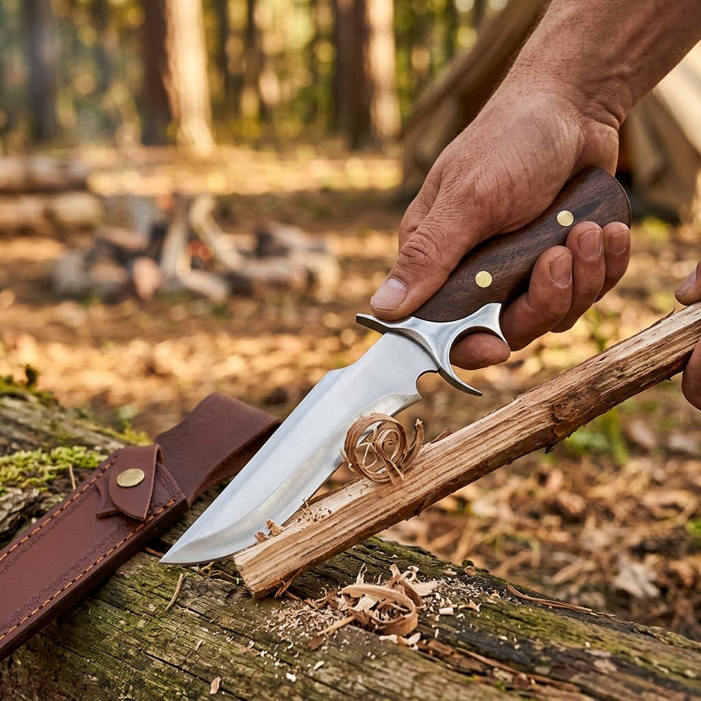 Outdoor Fahrtenmesser Feststehend - Profi Jagdmesser Scharf aus 440C Edelstahl mit Echtholz-Griff & Lederscheide - Full-Tang Survivalmesser für Camping, Bushcraft & Wandern - Geschenk für Männer