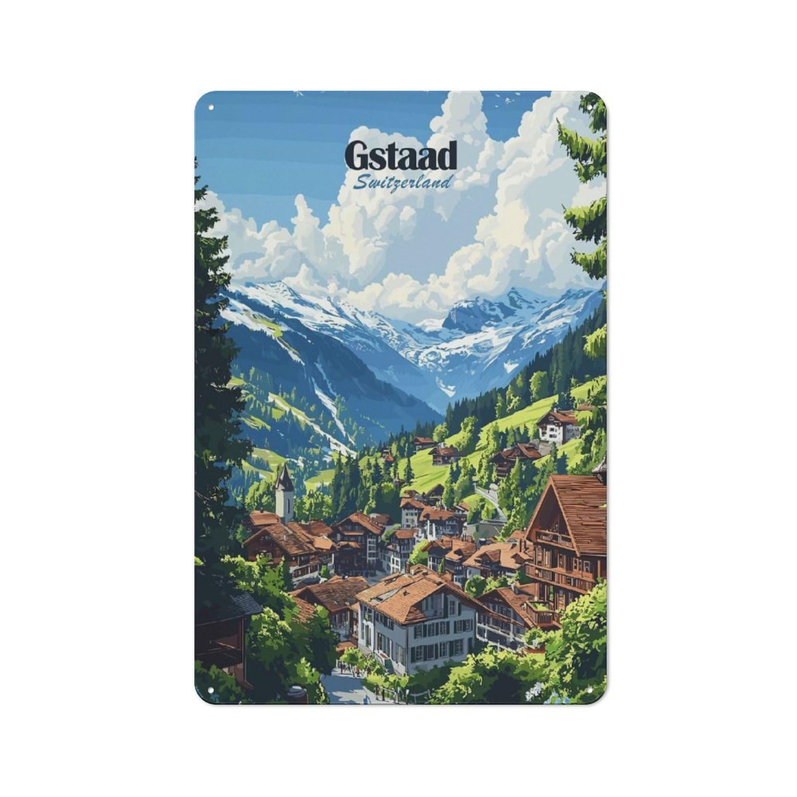 Junmoney Style-2 Rustic Gstaad Switzerland Mountain Village Rustic Tin Sign 30X20cm, Porch Wall Decor For Greenhouse, Garden Room, Cafe Or Entryway