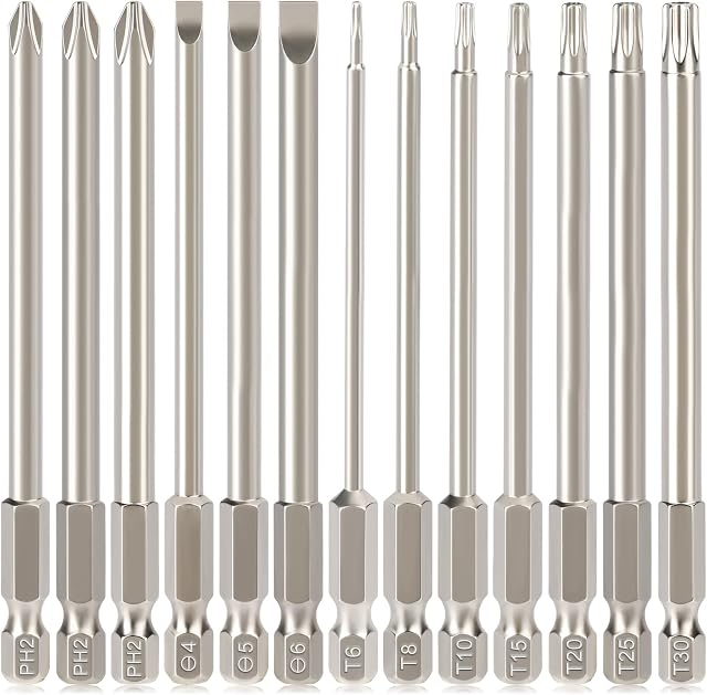 Hakkin Torx Bit Set 13Pcs 100mm Long Torx Phillips Slotted Screwdriver Bits Premium S2 Steel 1/4 Hex Shank Magnetic Long Phillips Cross Head Screwdriver Bits T6 T8 T10 T15 T20 T25 T30 PH2 SL4 SL5 SL6