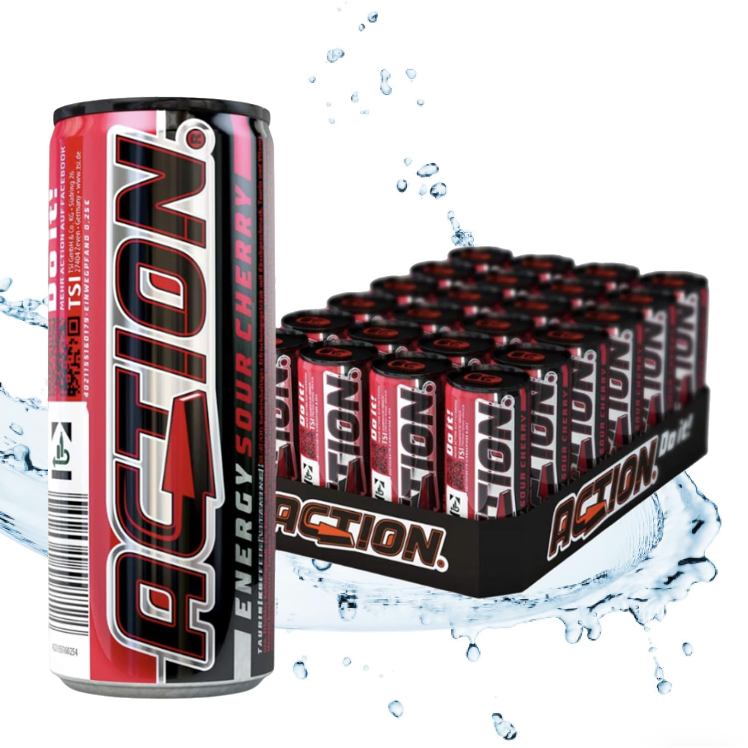 ACT!ON Action Energy Drink Sour Cherry (48 x 250 ml) incluye depósito – Refresco con sabor a cereza agria – patata energética con mayor contenido de cafeína 32 mg/100 ml cafeína rendimiento mejorado