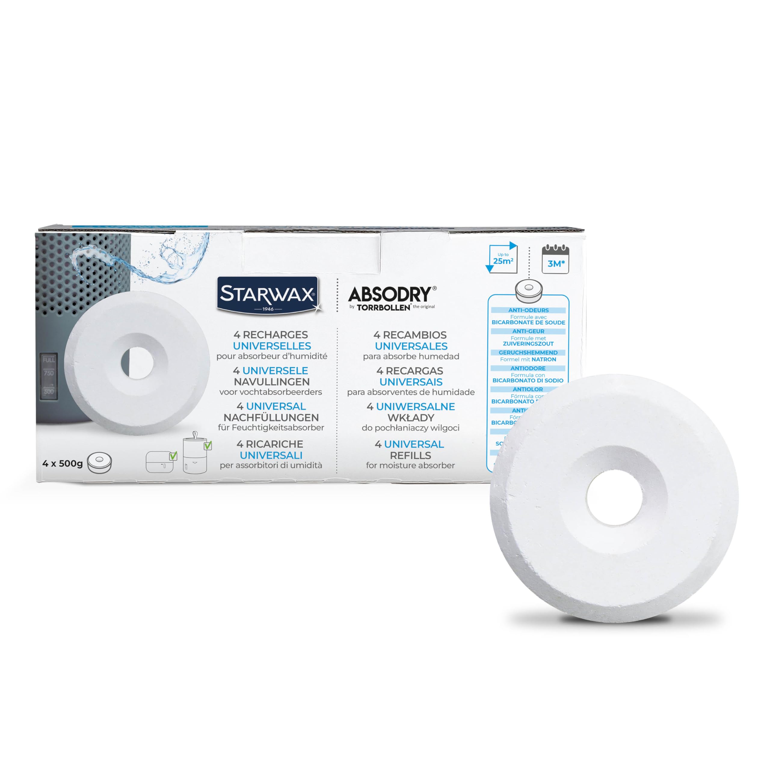 STARWAX - Pack of 4 Absodry Moisture Absorber Tabs - Helps Prevent Mould - Anti-Odour - Dye-Free - Fragrance-Free - 1 Tab Treats 25m² for approx. 3 Months
