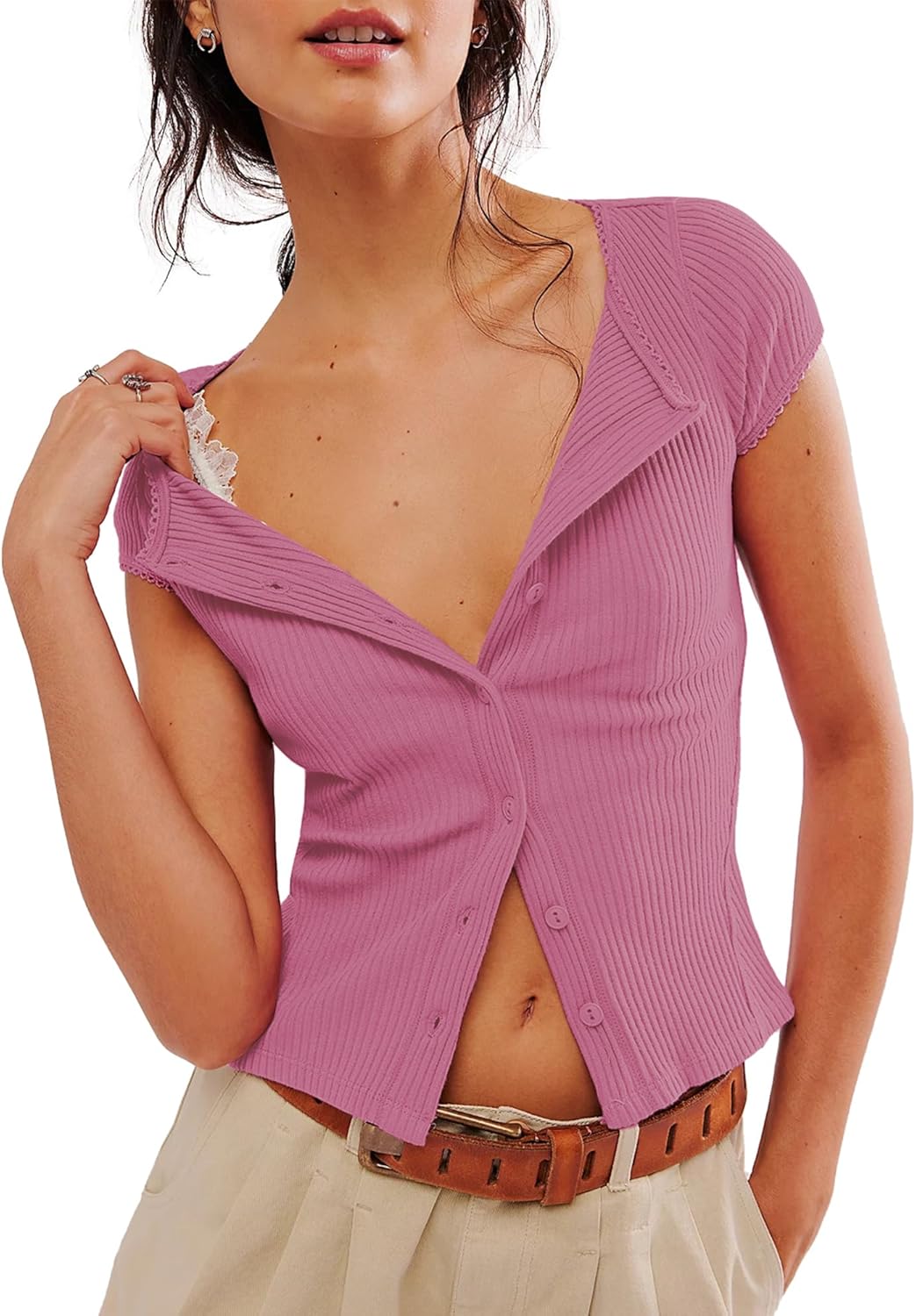 ZAFUL Women's Short Sleeve Shirt Crew Neck Button Down Cardigan T-Shirt Slim Fit Y2K Going Out Casual Fashion Tops - Image 2