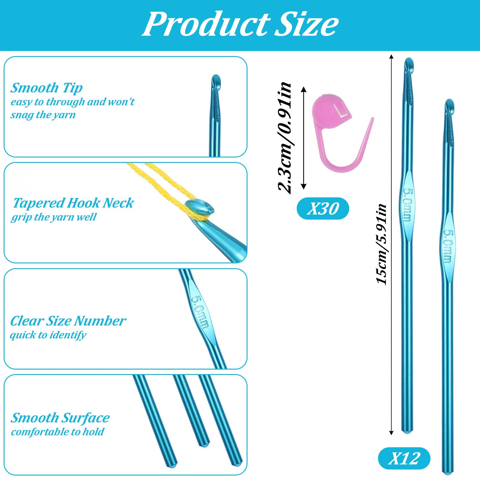 Tyqour 12 PCS Size 5 Crochet Hook 5 Mm Crochet Hook with Knitting Markers Set Aluminum Crochet Hooks for Beginners Crochet Needle for DIY Yarn Crafts - 3