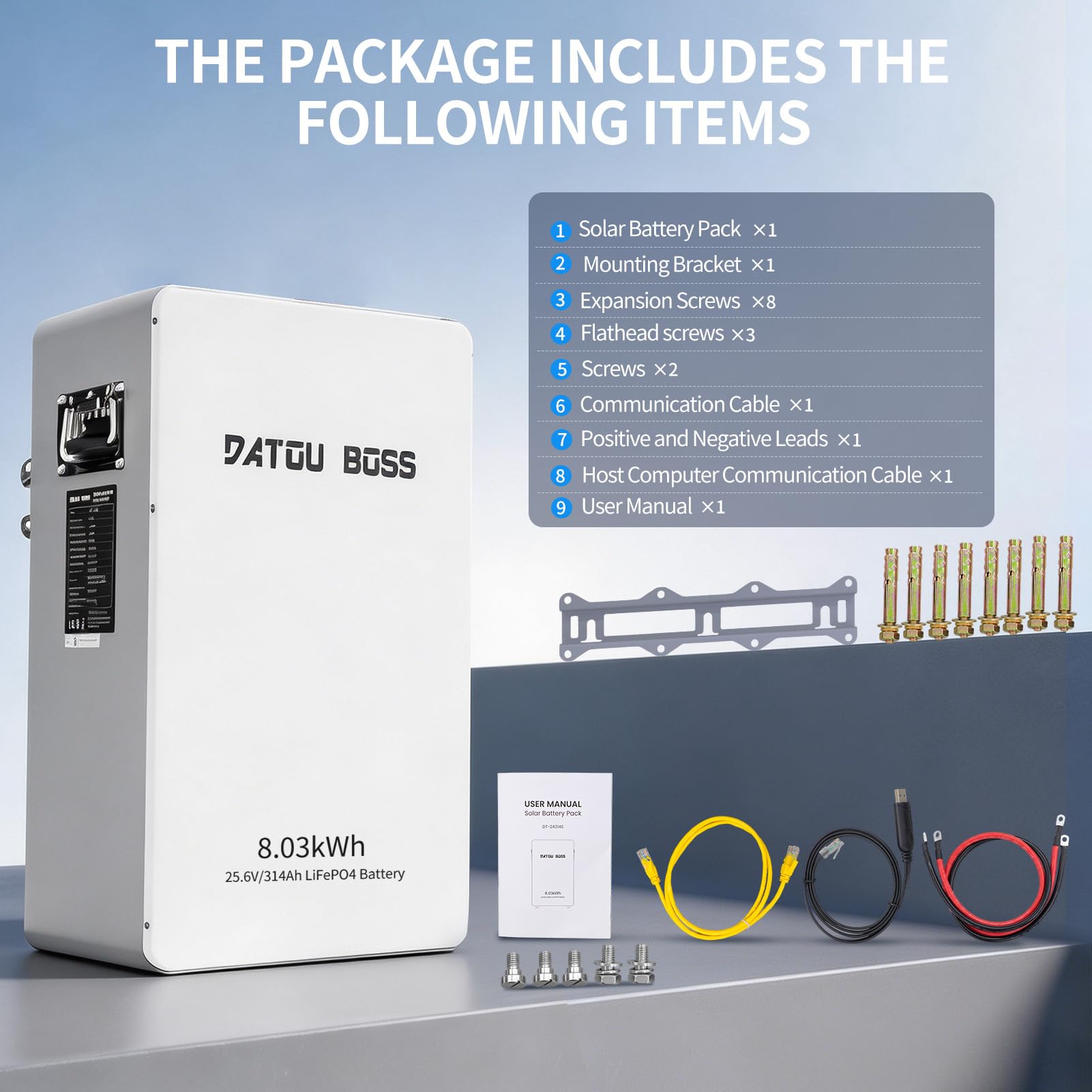 DATOUBOSS Batteria LiFePO4 24V 314Ah,integrata 200A BMS 8000+ cicli MAX 8,03KWh supporta il collegamento in parallelo, elevata capacità della batteria e ampia gamma di applicazioni | 8,03 kWh, 8000+ cicli, batteria al litio da 24 V, supporta il circuito p