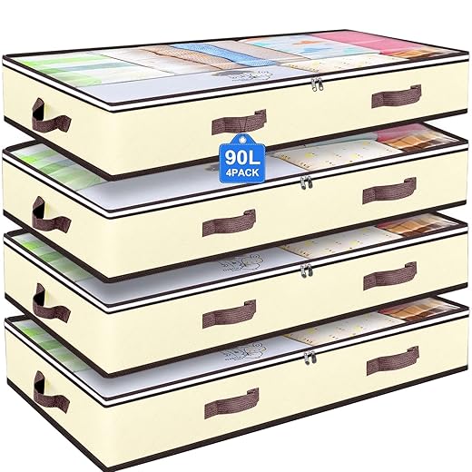 90L Under Bed Storage Containers, Closet Organizers and Storage Bins, Foldable Underbed Storages Bags for Blankets, Towels, Comforter, Sweaters, Pillows, Linen Sheets, Wrapping Paper, 4 Pack Beige