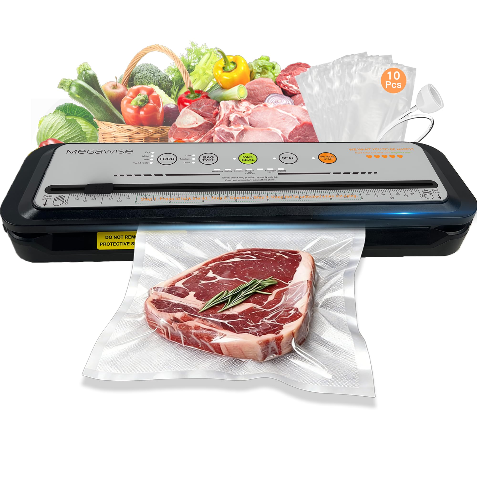 MegaWise 2025, modello aggiornato, sigillatrice sottovuoto – potenza di aspirazione 80 kPa con taglierina integrata, include sacchetti sottovuoto (argento)