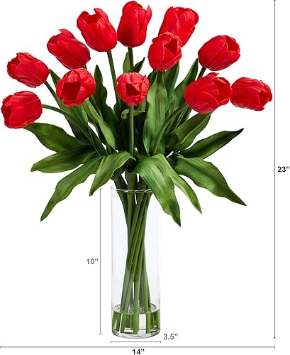 Miniatura 2 de Nearly Natural Arreglo de tulipanes artificiales de 23 pulgadas con jarrón cilíndrico de vidrio