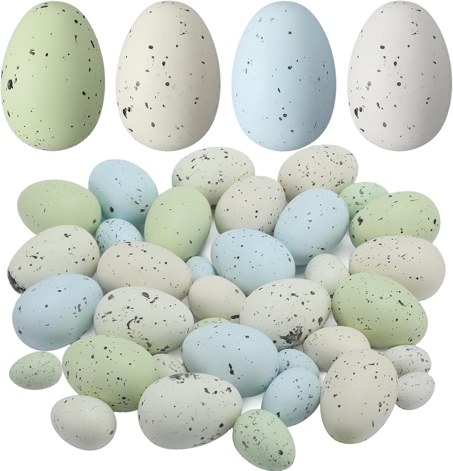 Soulchen 36 Pcs Artificial Bird Eggs Easter Pastel Speckled Eggs Colored Faux Egg for Easter Spring Display DIY Craft Home Bowl Fillers Decoration (Beige, Light Blue, Light Green, White)