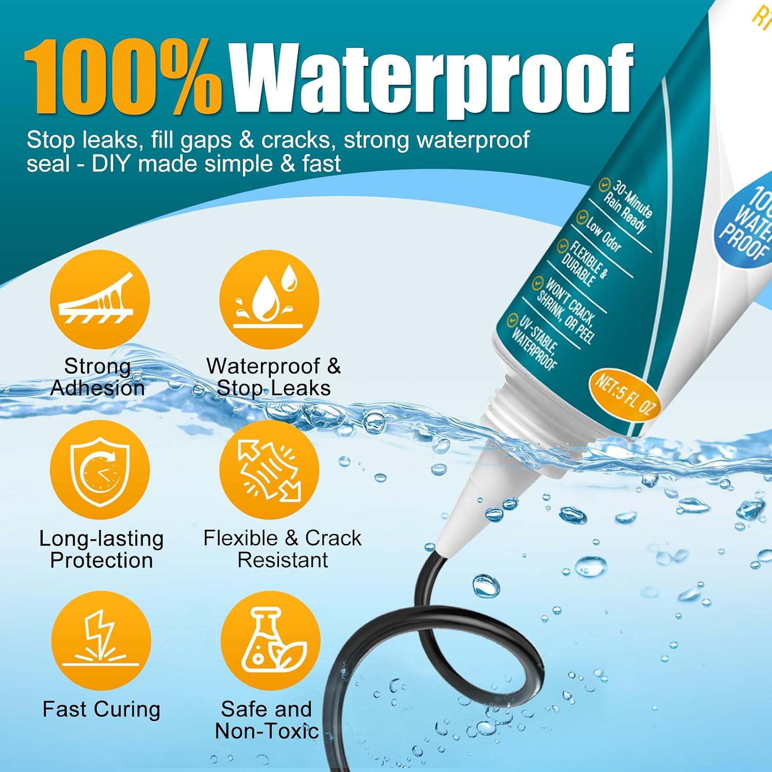 Silicone Sealant – 100% Waterproof, Flexible & Shrink Proof Caulk for Bathroom, Kitchen, Windows, Automotive - Strong Adhesion Sealant for Cracks, Gaps, Leaks 150ML/5Oz (Black)