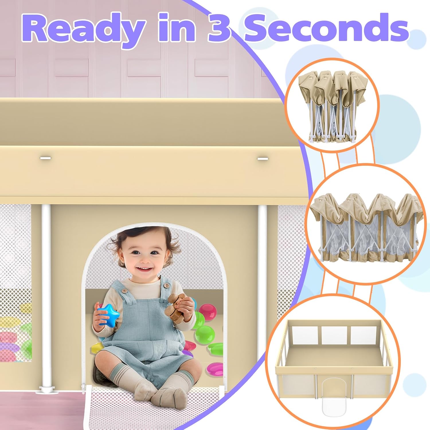 Foldable Large Playpen for Babies and Toddlers, 71"×71" Portable Playard with Carry Bag & 150 Ocean Balls, Indoor & Outdoor Baby Fence with Thick Mesh, No Assembly Required, Mat Not Included, Beige