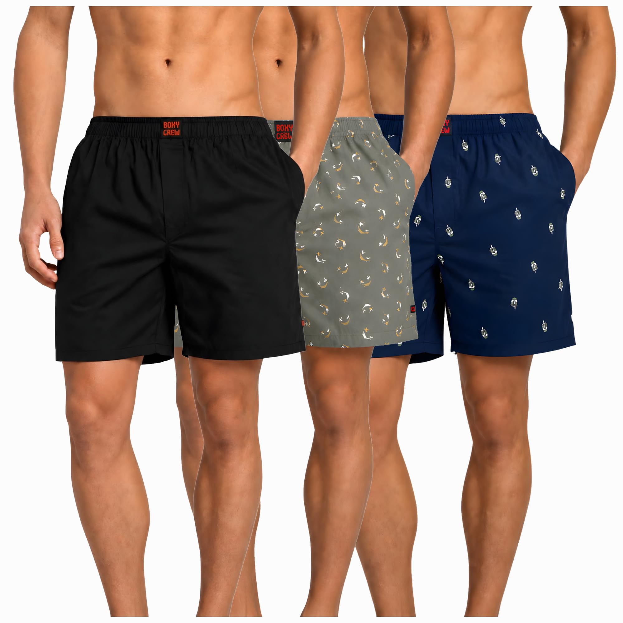 Men's 100% Cotton Boxer Shorts Pack of 3, Black, Green & Navy Blue | Woven Boxers with Side Pockets, No-Marks Elastic Waistband, Breathable Relaxed Fit | Style 001-008-011-image-45
