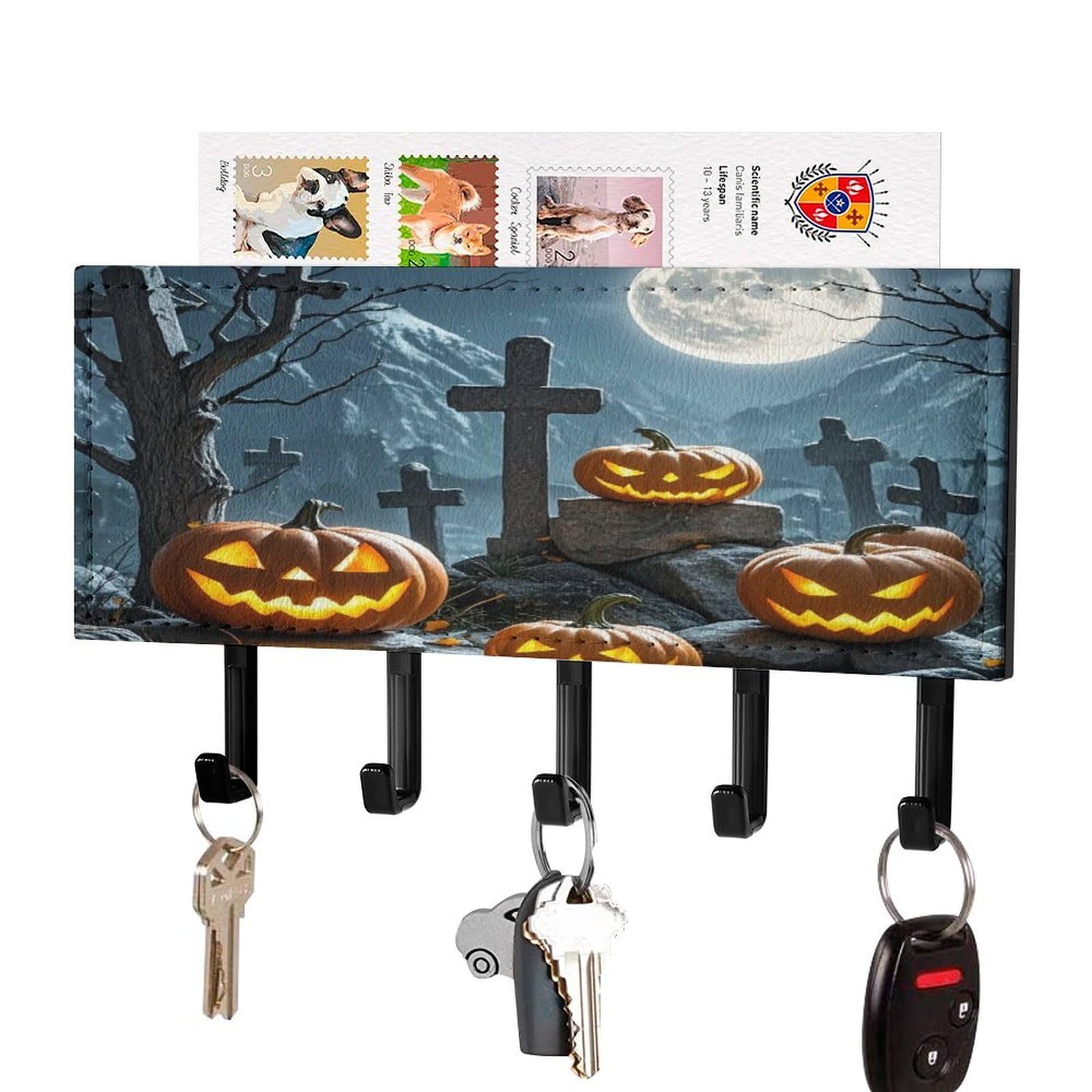 FekiLoot Cemetery Pumpkin Lantern Key Holder for Wall Decorative Mail Organizer with 5 Key Hook Self Adhesive Key Rack with Tray Coat Rack Wall Mount Key Hanger Decor for Entryway Door