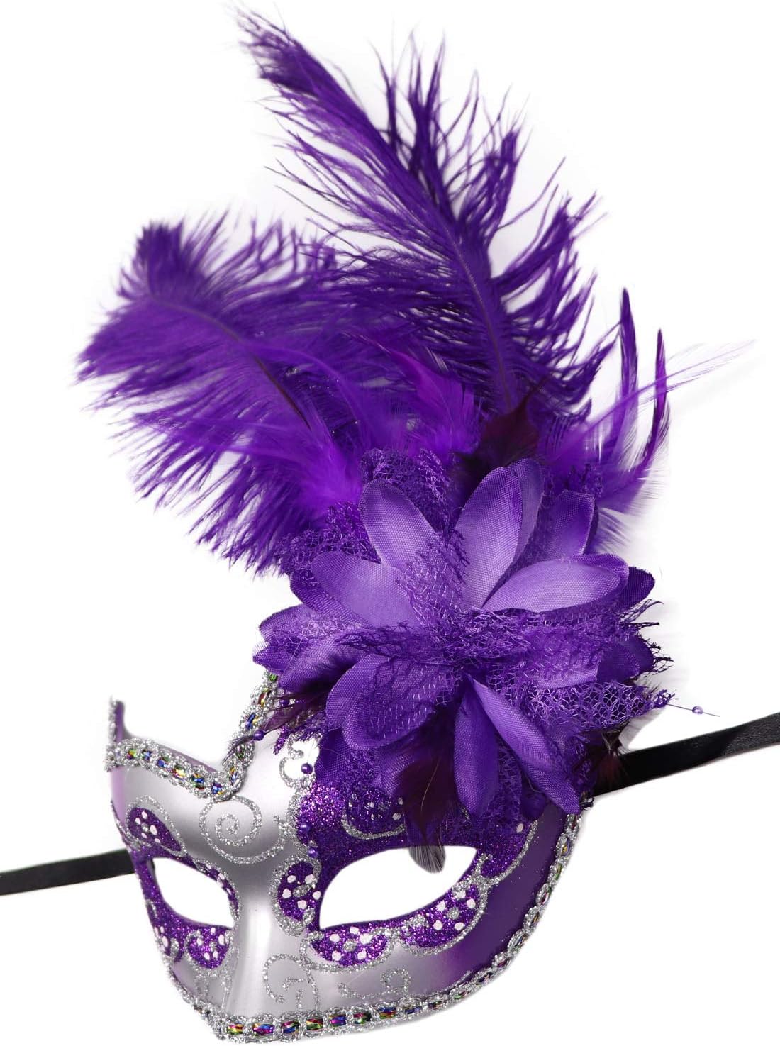Coolwife Couple Feather Mask Masquerade Halloween Mardi Gras Cosplay Party Costume Masks (Couple Silver Purple) - Image 4