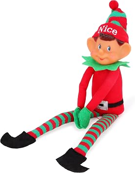 Toyland Elves with Attitude 35cm 14" Red & Green Nice Elf Soft Toy - Knitted Hat & Legs - Vinyl Cheeky Face & Stick Together Hands - Festive Fun for All!