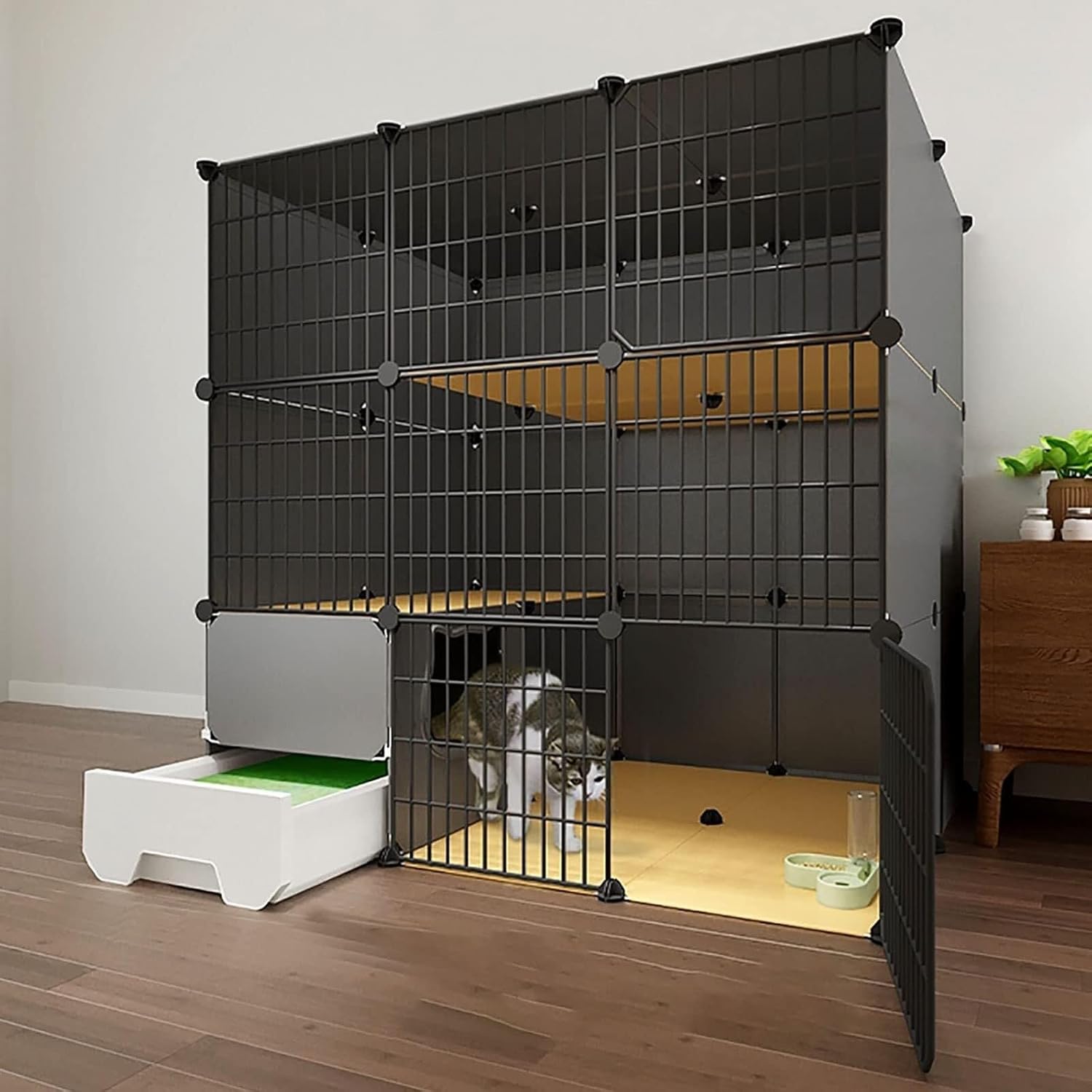 Indoor Cat Cage with Litter Box, Large 2/3 Tier Detachable Metal Cat Playpen for Small Animals, DIY Exercise Cage for 1-3 Cats, White(Black,111X95X111cm)