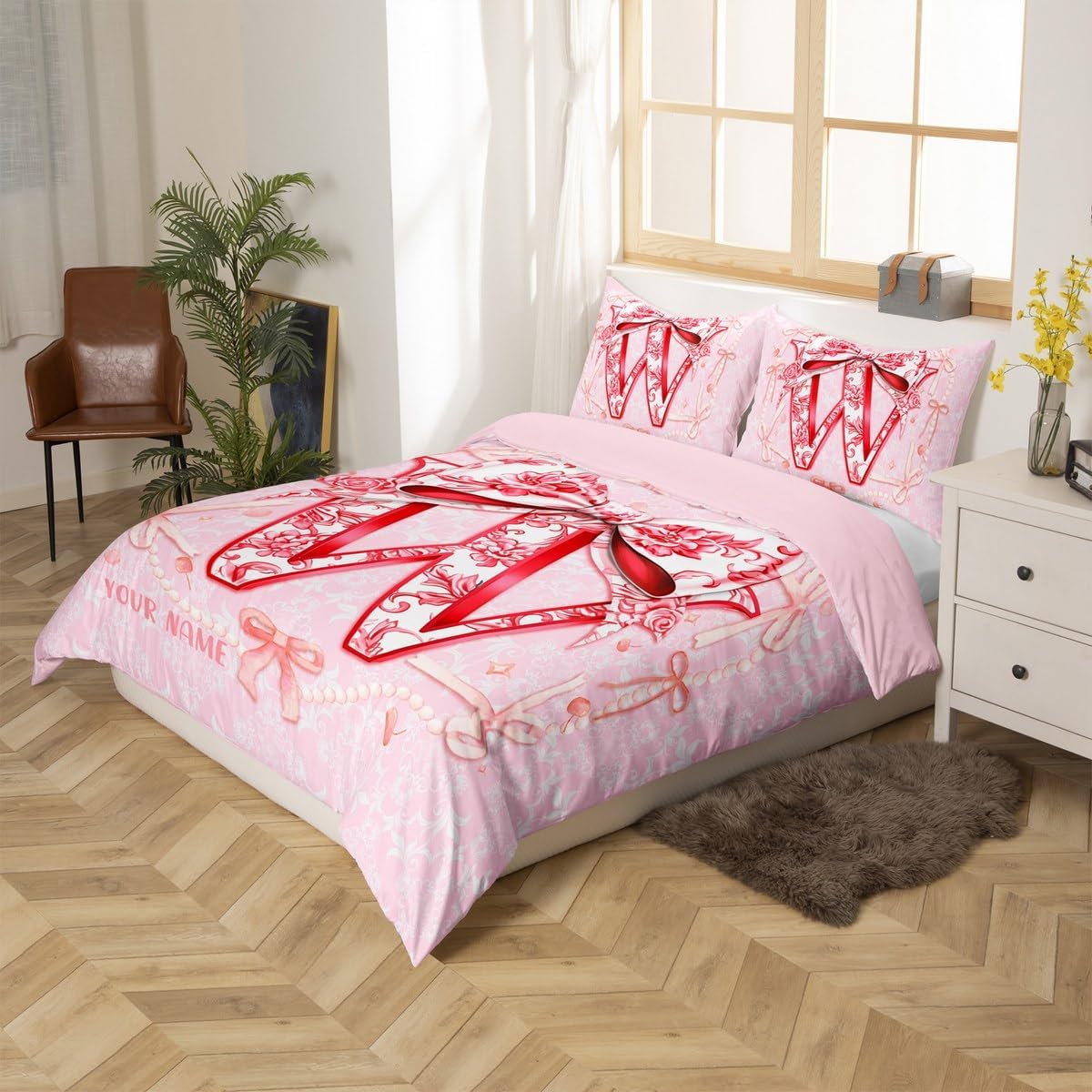Erosebridal Customized Pink Floral Bow Duvet Cover Toddler 3D Coquette Alphabet Initial W Comforter Cover Set Princess Trendy Preppy Bowknot Bed Set Watercolor Aesthetic Light Pink Bedding Set(W)