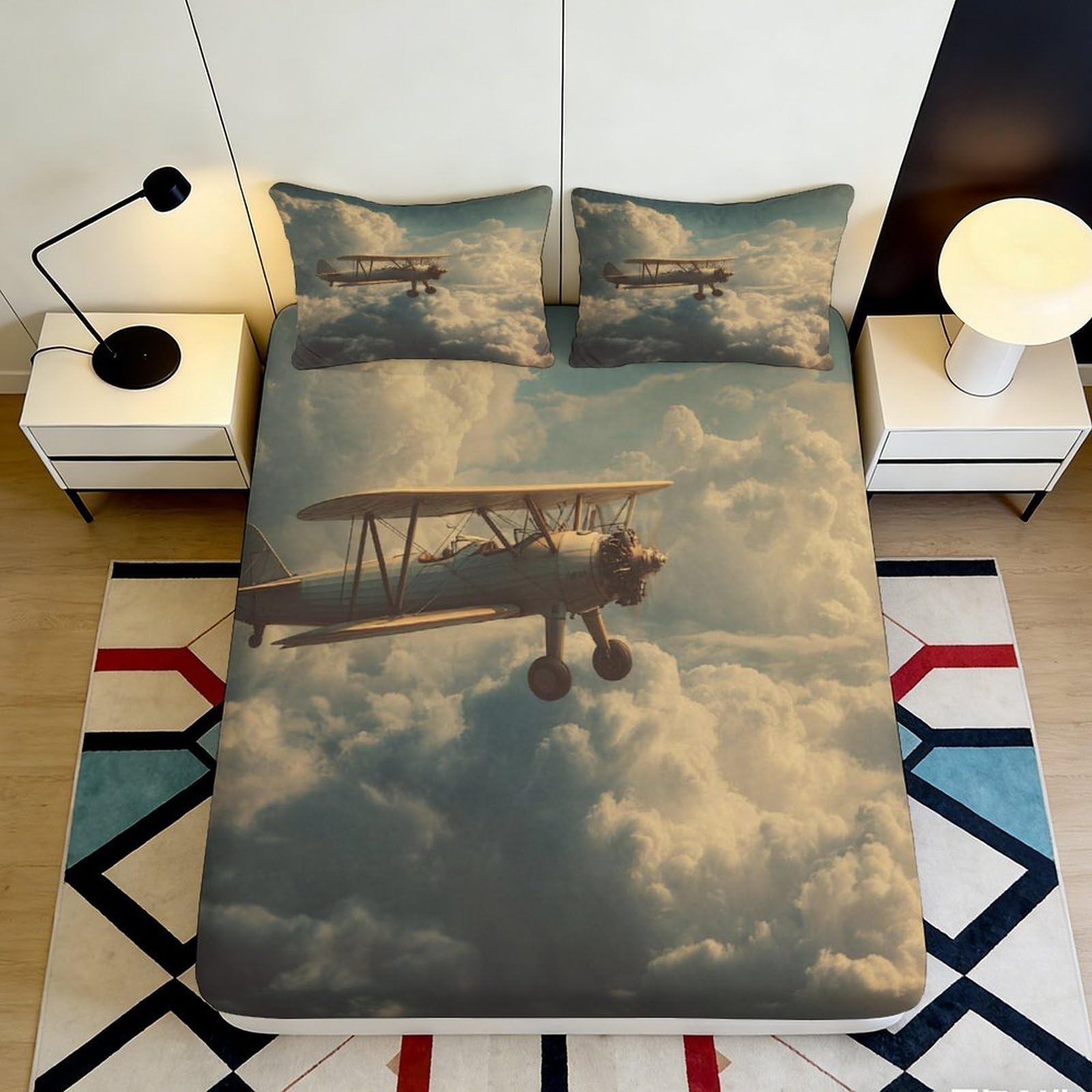 3D Printed Vintage Airplane Clouds Fitted Sheet Microfiber Artistic Bed Cover for Bedroom Dorm Room Decor 90x200x25cm