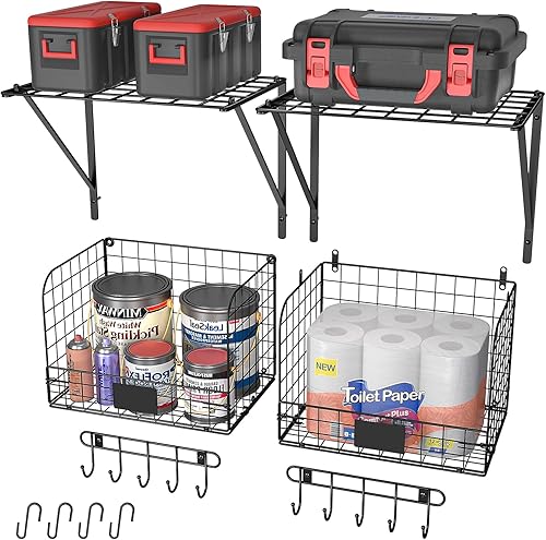 Paquete de 2 estantes de garaje montados en la pared con cestas de alambre, estantes de pared de garaje resistentes con ganchos, cestas de estante