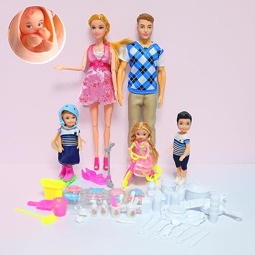 UCanaan Juego de 6 muñecas familiares con papá, mamá embarazada, 3 niños y bebé en la barriga de mamá y 70 accesorios para educación y regalo, los