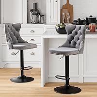 Vista 59 de Aoowow Juego de 2 taburetes de bar giratorios, taburetes de bar ajustables con respaldo de terciopelo copetudo, sillas de bar modernas tapizadas
