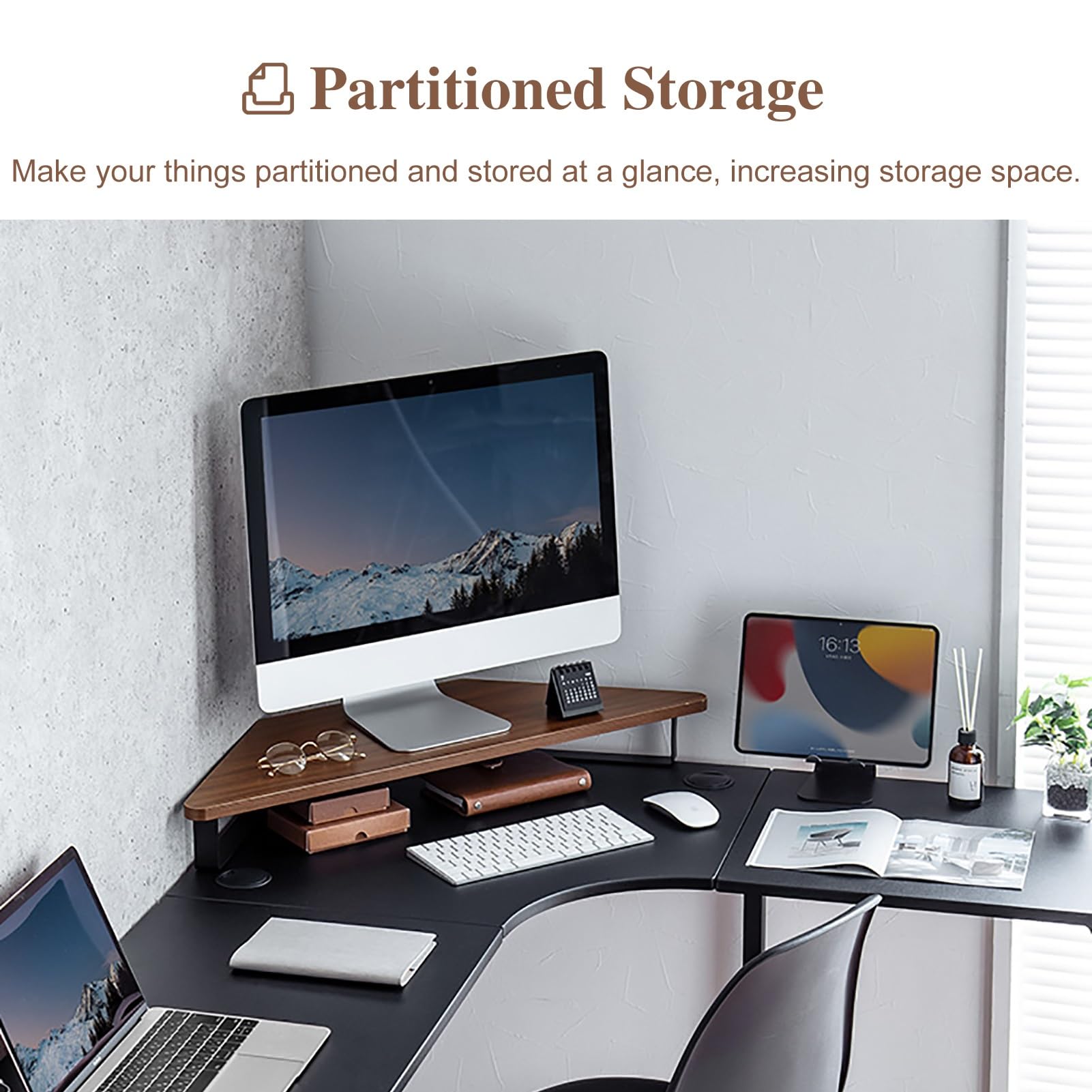 Supporto per Monitor angolare in Legno, 85,8 cm, Supporto per Monitor da scrivania per PC, TV, Notebook, Laptop, Riduce l'affaticamento del Collo, Supporto Triangolare rialzato (co