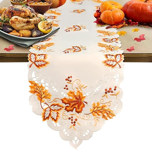 Camino de mesa de Acción de Gracias, caminos de mesa de otoño, hojas de arce bordadas, camino de mesa de otoño, centros de mesa de otoño para mesas