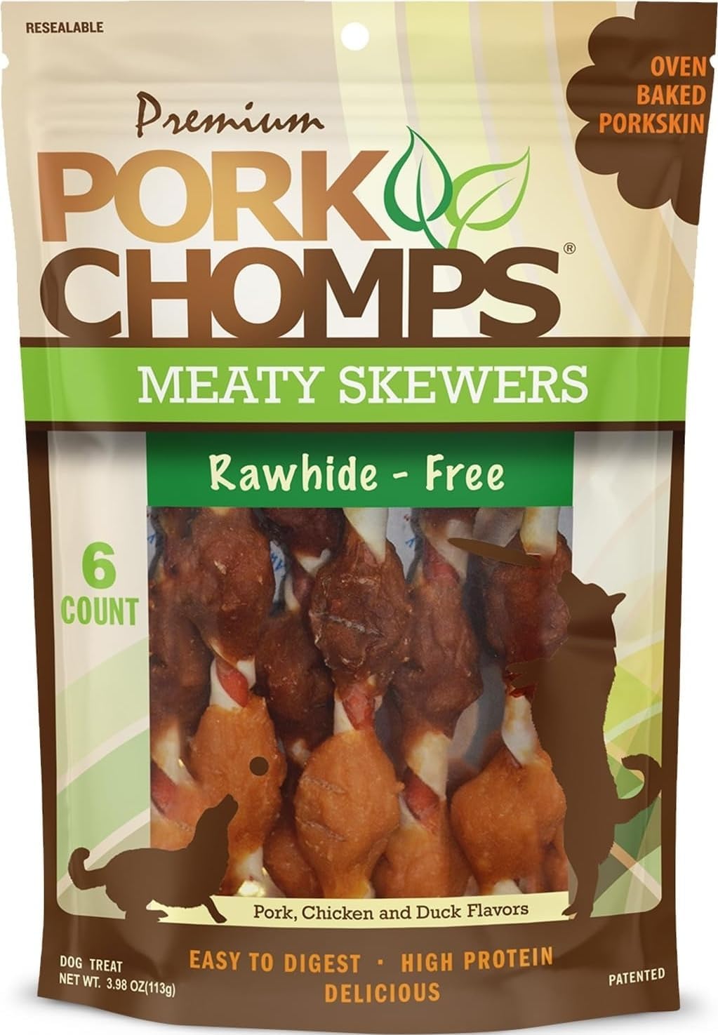 Meaty Skewers Dog Chew Chicken & Duck 6ct | Pork skin chew with chicken & duck; low-fat, rawhide-free, 398 oz