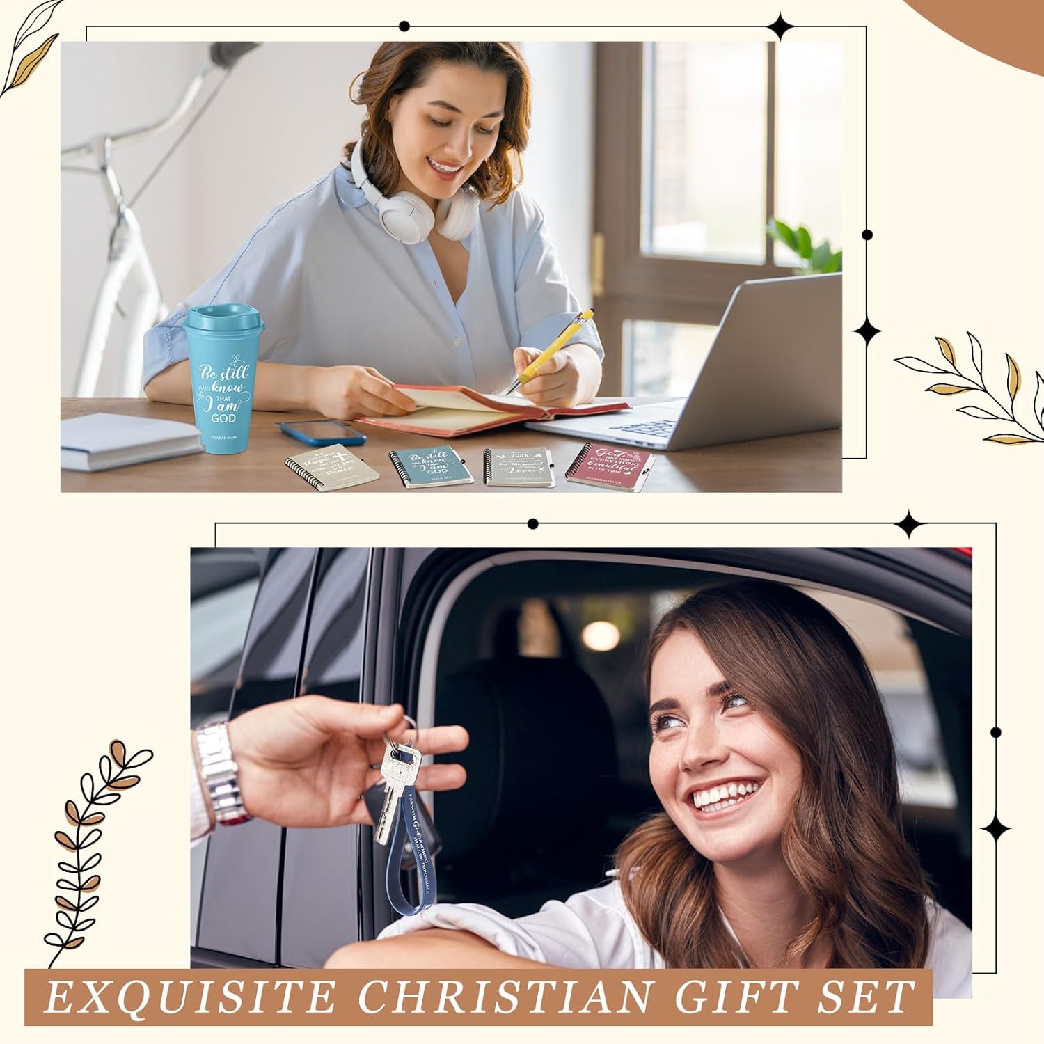 Skylety 24 Set / 96 Pcs Christian Easter Gifts Bulk Church Bible Religious Gift Set 16 oz Coffee Cups with Christian Notebook Pen Keychains for Women Staff Team Friends (Morandi Color)