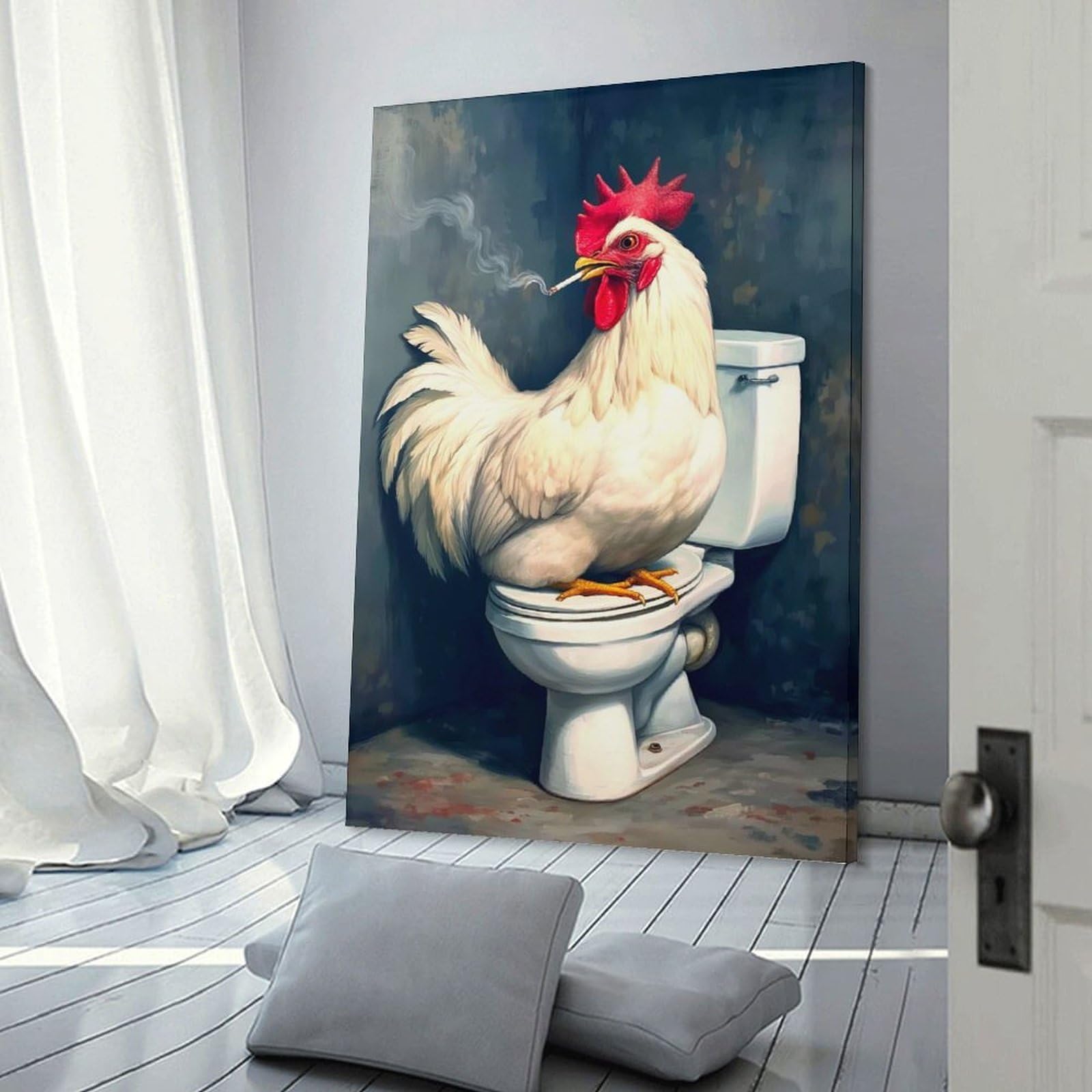 Junmoney Smoking Chicken on Toilet Canvas Wall Decor, 24x36inch(60x90cm), for Apartment Walls, Studios Or Work Areas, Decorative Canvas Decor for Home Updates
