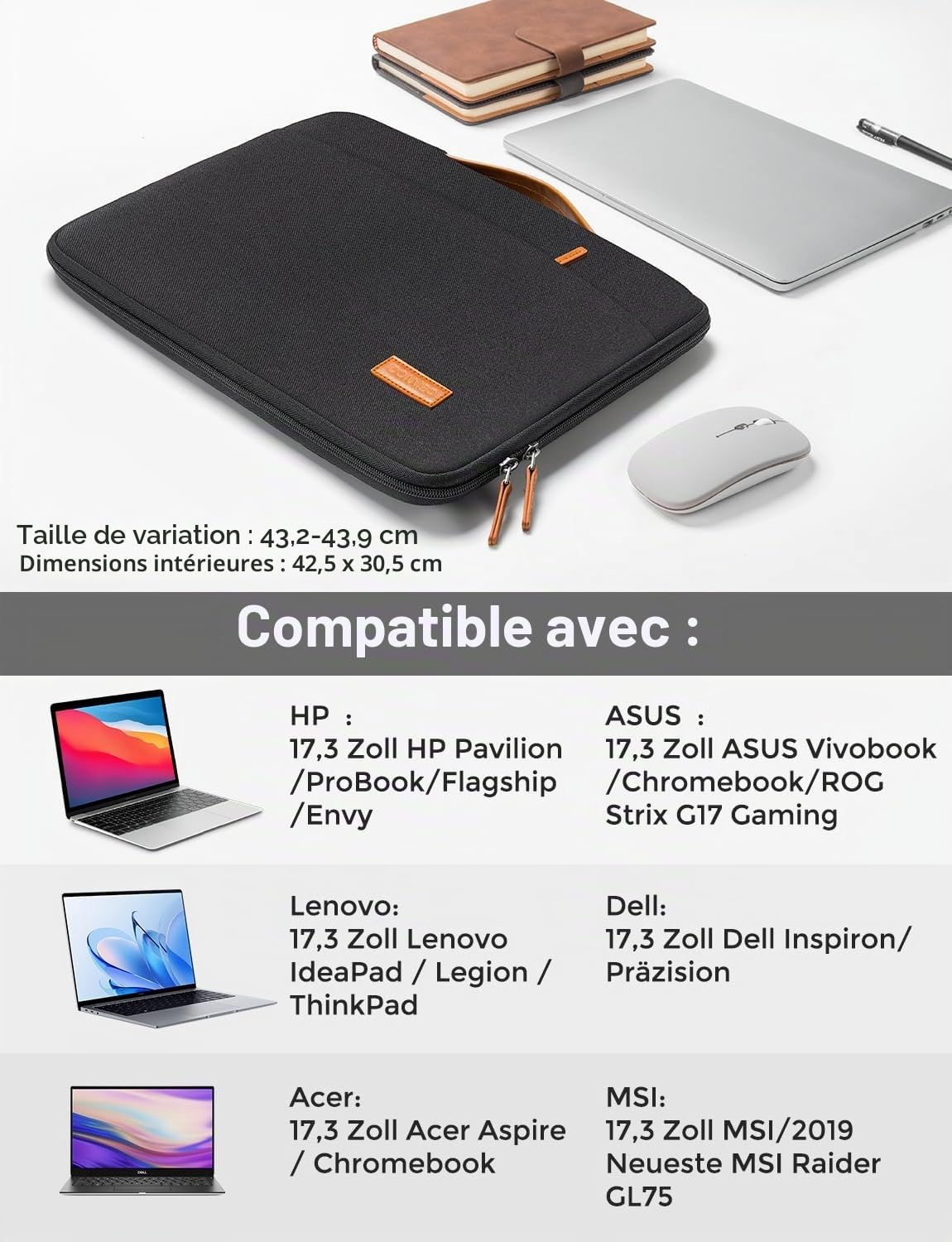DOMISO Housse Ordinateur 17 Pouces Sacoche PC Portable Imperméable pour HP Lenovo Dell Acer ASUS Noir