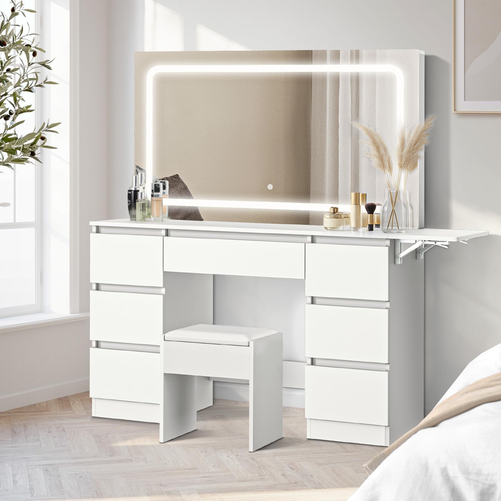 Oikiture Makeup Vanity with LED Light Mirror Dressing Table with 7 Drawers