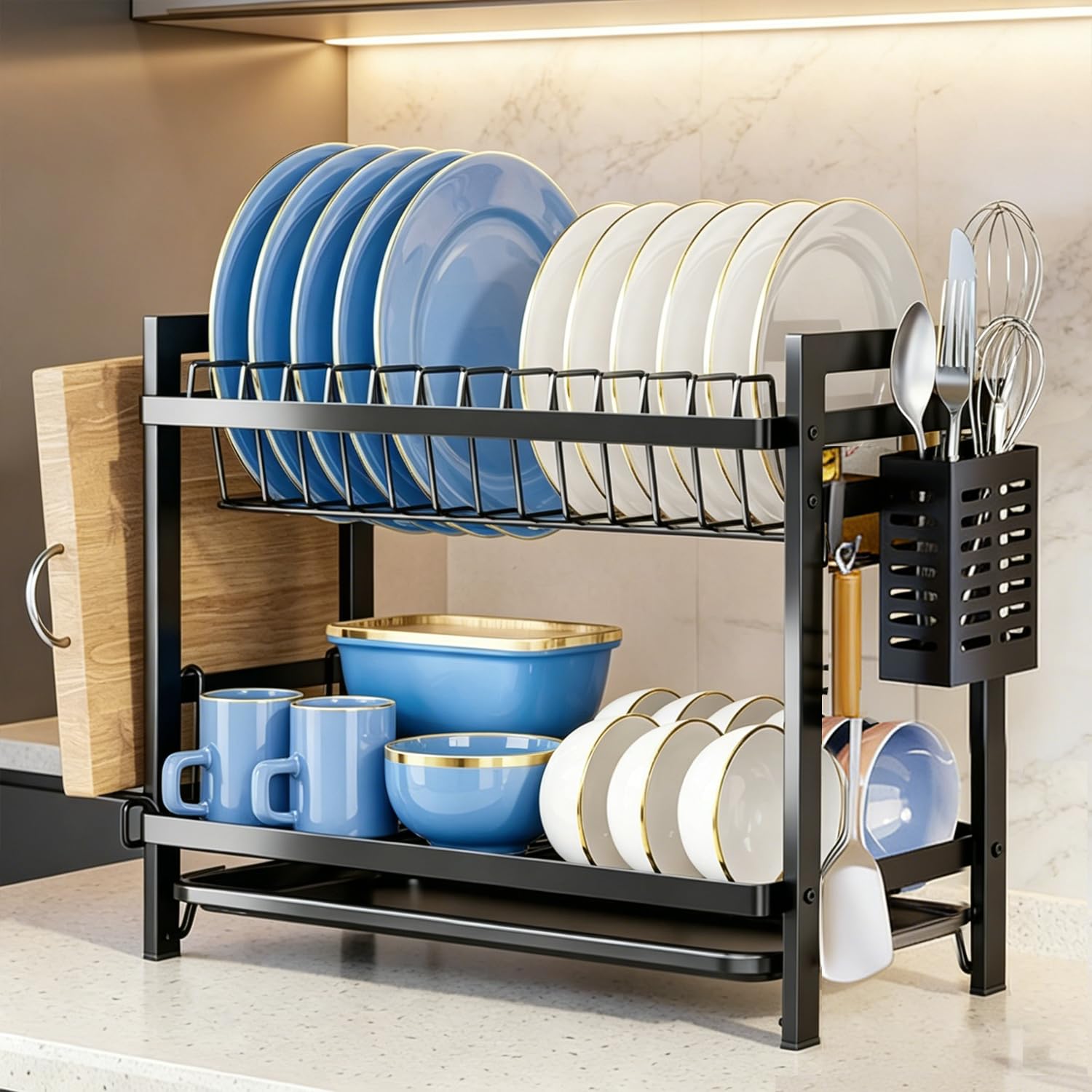 COMFYHOME Utensils Drying Rack, 2-Tier Carbon Steel Dish Drying Rack, Saving Countertop Organizer with Drainboard, Drainer Tray & Utensil Holder,Rust-Resistant Suitable for Plates, Cutlery, Bowls.