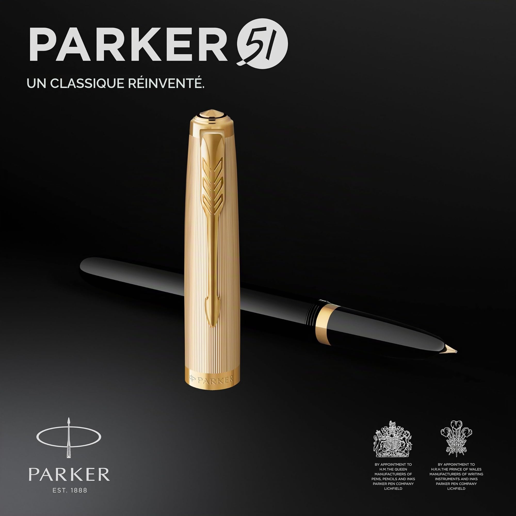 Parker 51 Deluxe stylo plume | Corps noir et attributs dorés | Plume fine en or 18 carats | Cartouche d'encre noire | Livré dans son écrin