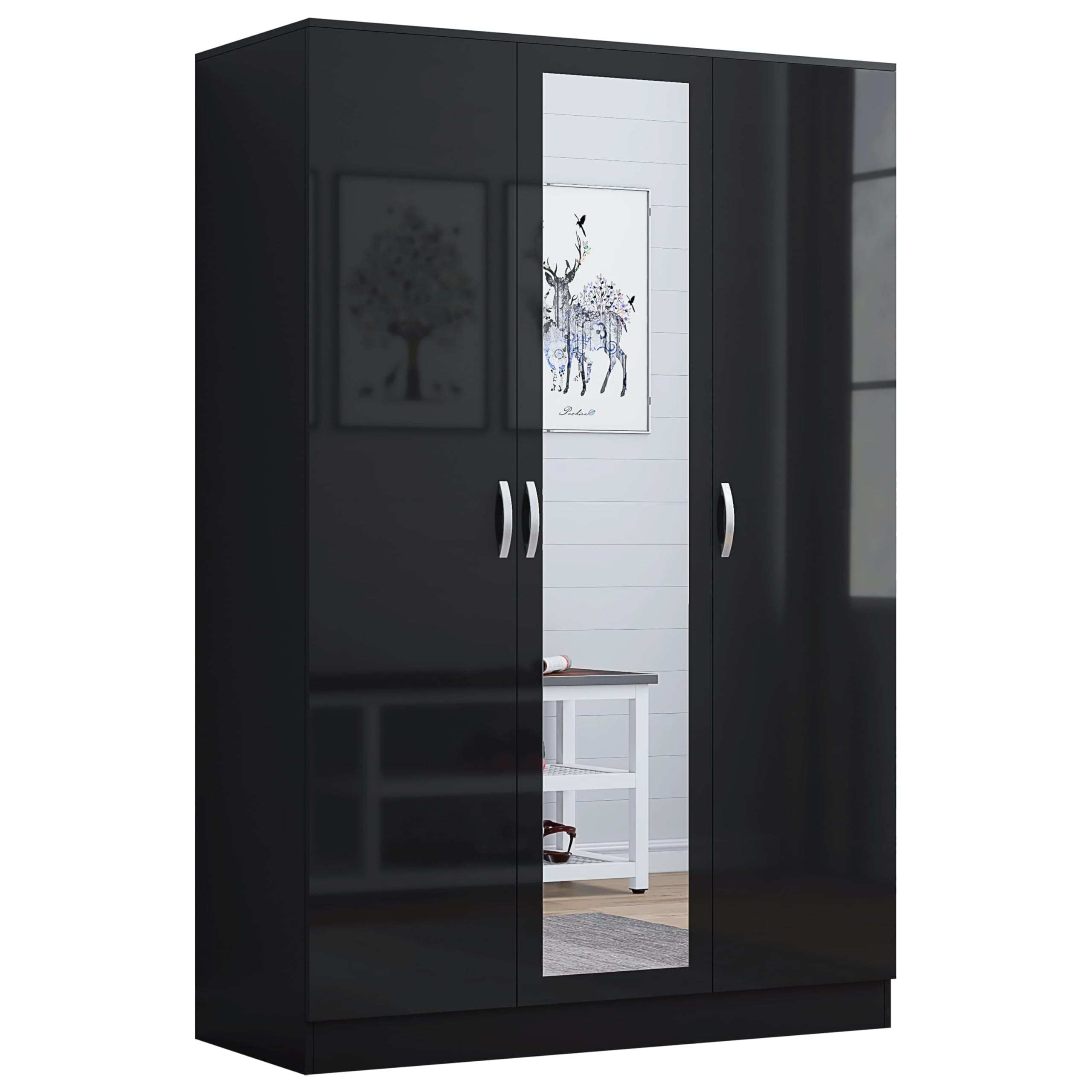 Nera Gloss 3 Door Wardrobe for Bedroom 120cm Wide with Mirror Shelves and Hanging Rail Storage Cabinet (Gloss Black (Matt Black)) โ image 1