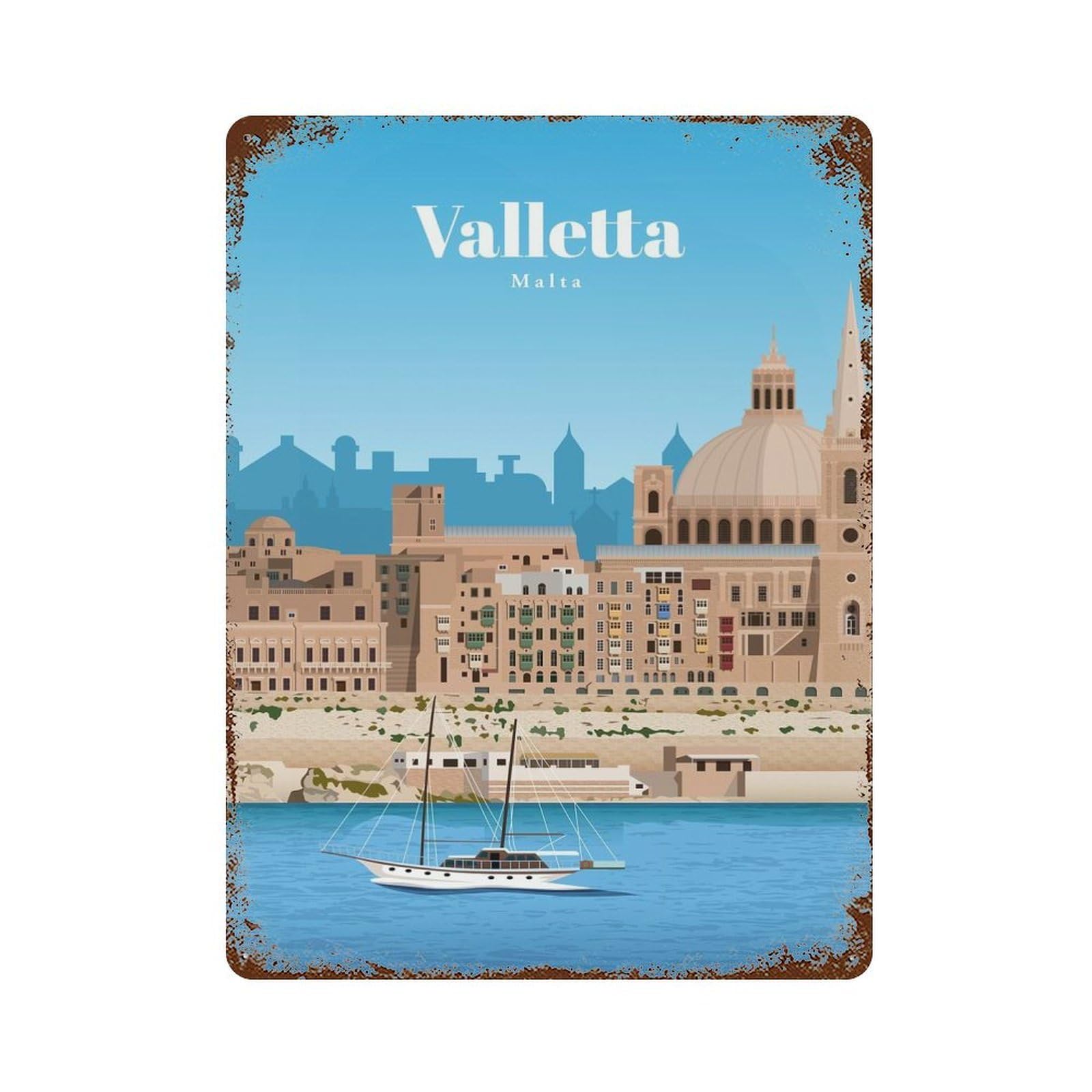 Rust Effect Travel to Valletta Weathered Tin Sign 15.7"x11.8", Novelty Wall Decor for Office, Studio And Wall Decor