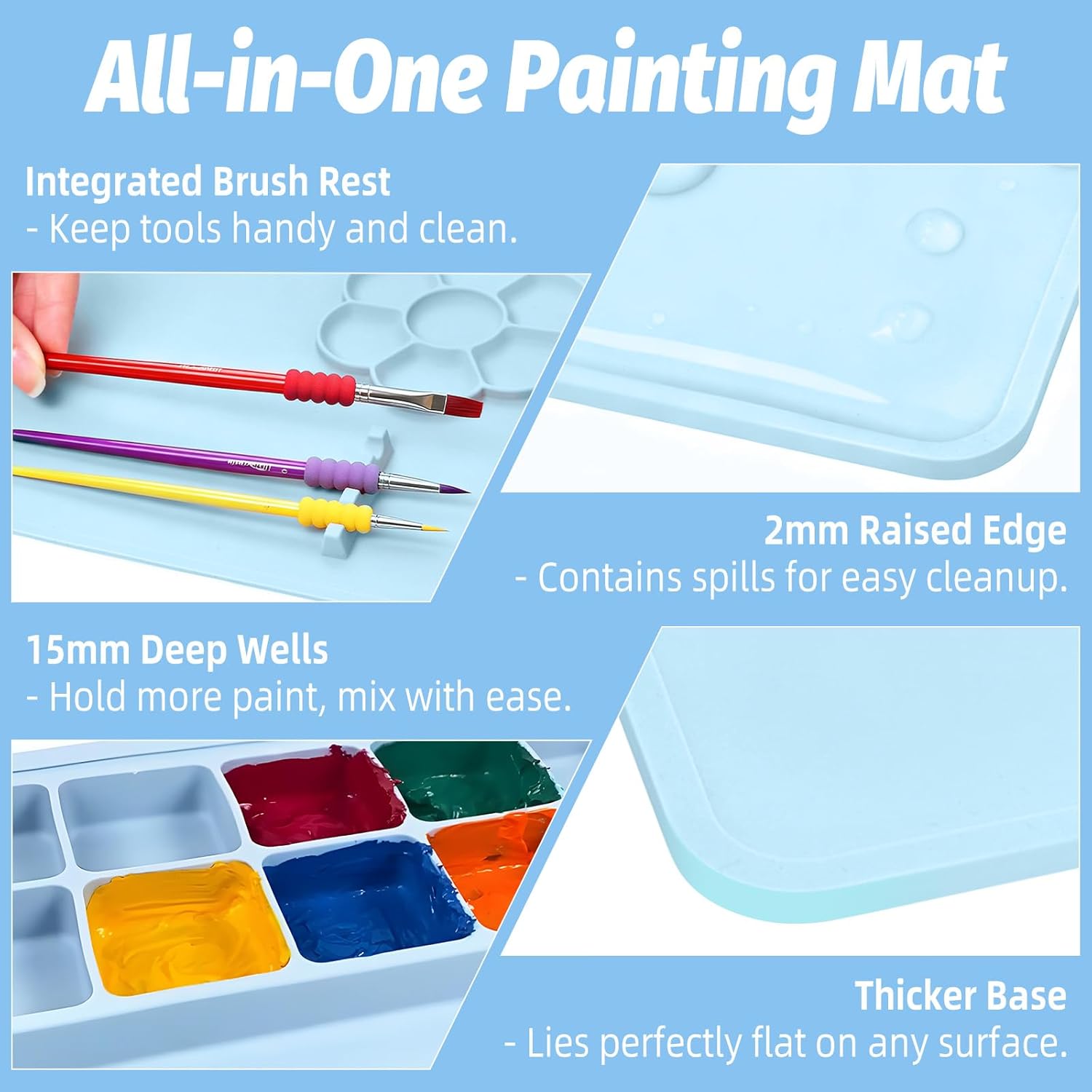 Silicone Painting Mat, 23.6 x 15.8in Art Mat with 3 Brushes, Painting Station Mats with Cup and Palette, Craft Mats to Protect Table for Kid, Clay Sheet for Watercolor, Resin DIY (Blue)