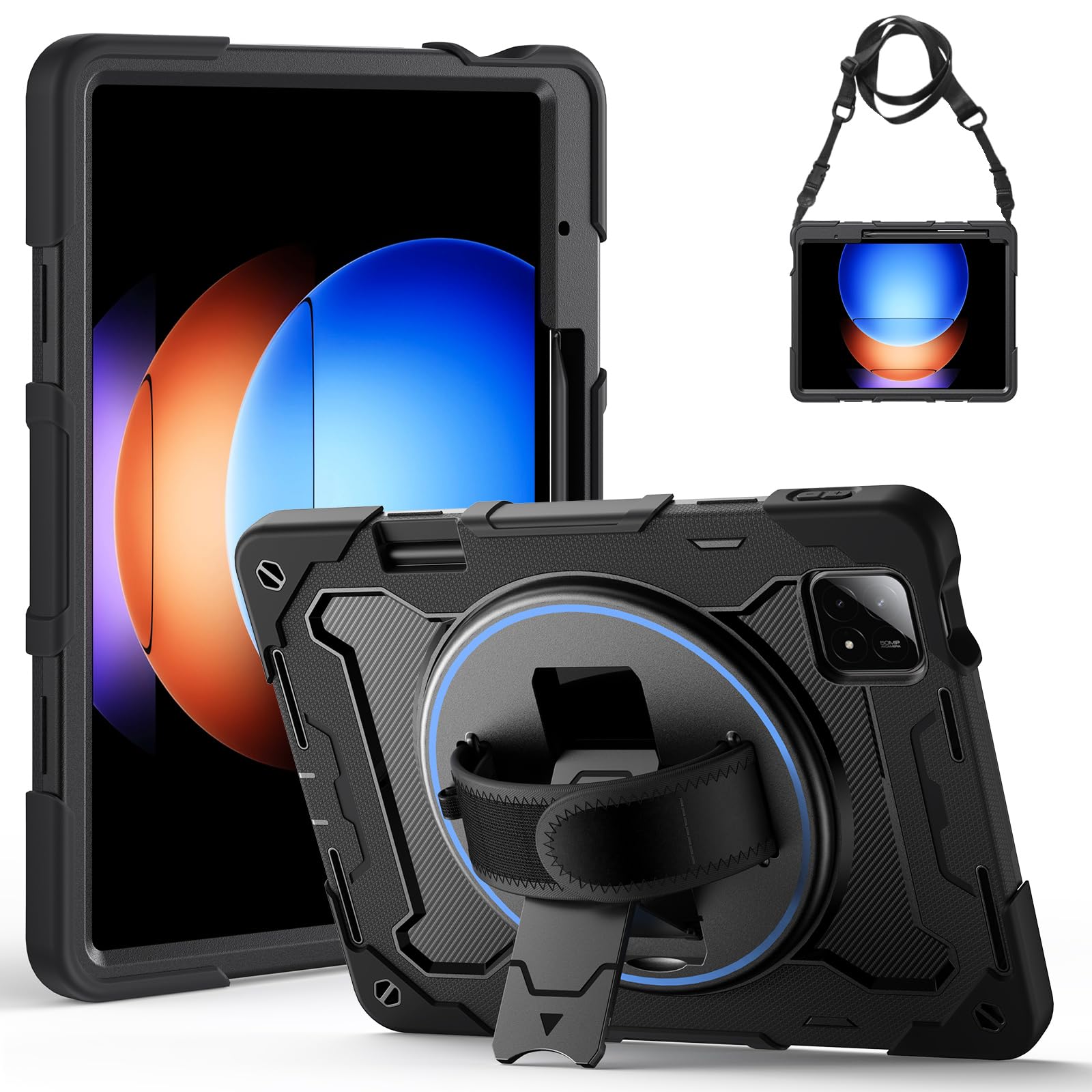 Gerutek Hülle für Xiaomi Pad 6s Pro 12,4 Zoll 2024, Stoßfeste Robust Schutzhülle mit 360° Drehbar Stände Handschlaufe Schultergurt,Panzerhülle für Xiaomi Pad 6S Pro,Schwarz