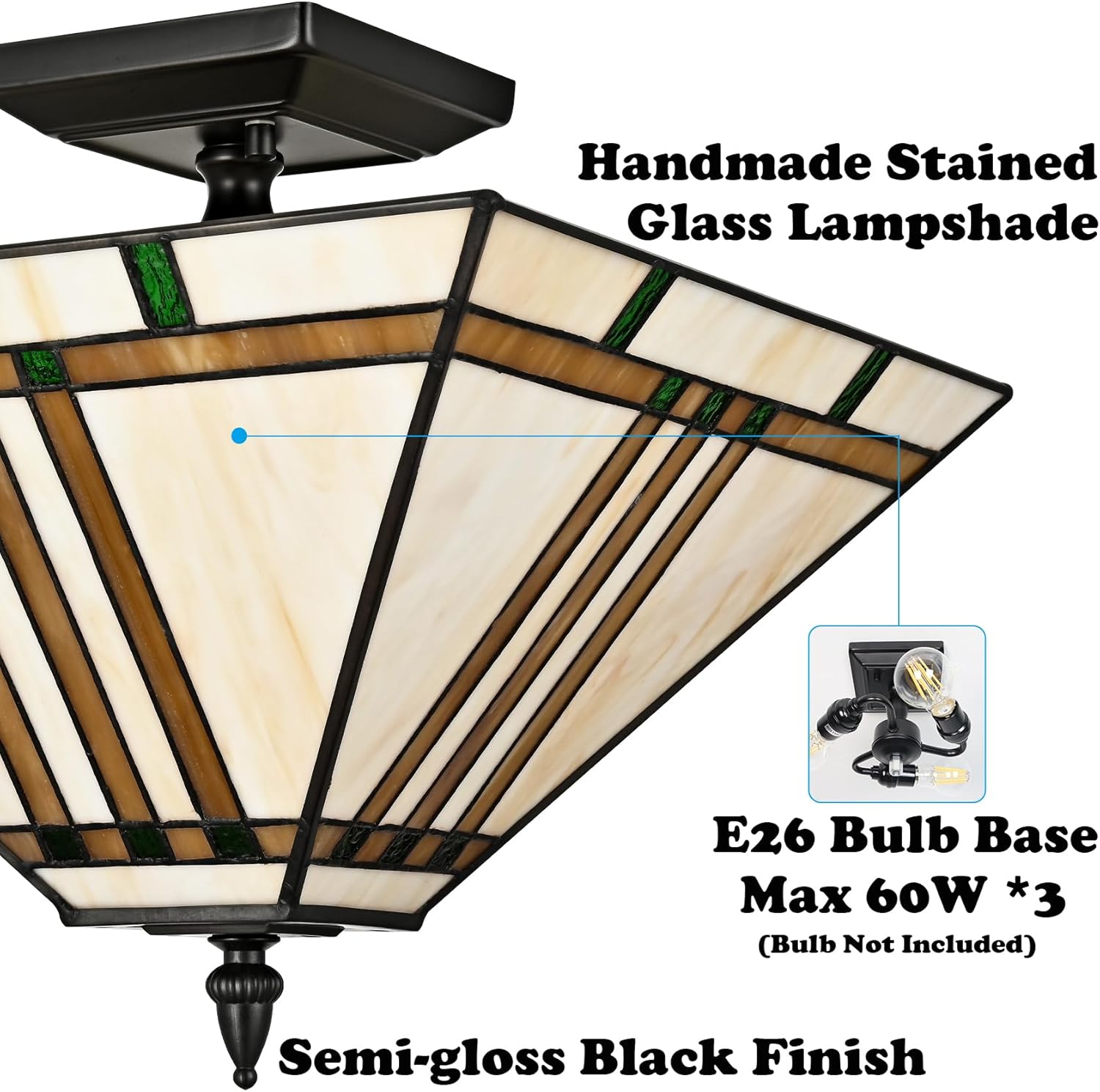 DAYCENT Tiffany Ceiling Lights, Stained Glass Ceiling Light Fixtures 3-Light 14 Inches Vintage Tiffany Style Semi Flush Mount Lamp for Bedroom Foyer Entryway Dining Room, Black Finish