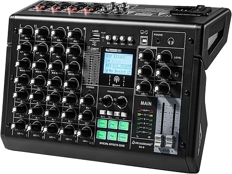 Professional Audio Mixer - Sound Card Effect, 6-Channel Audio Interface, Podcasting, Live Streaming, Vocal Recording, DJ Sets, YouTube Videos, Karaoke Nights, Microphone/PC Compatible - DA-6