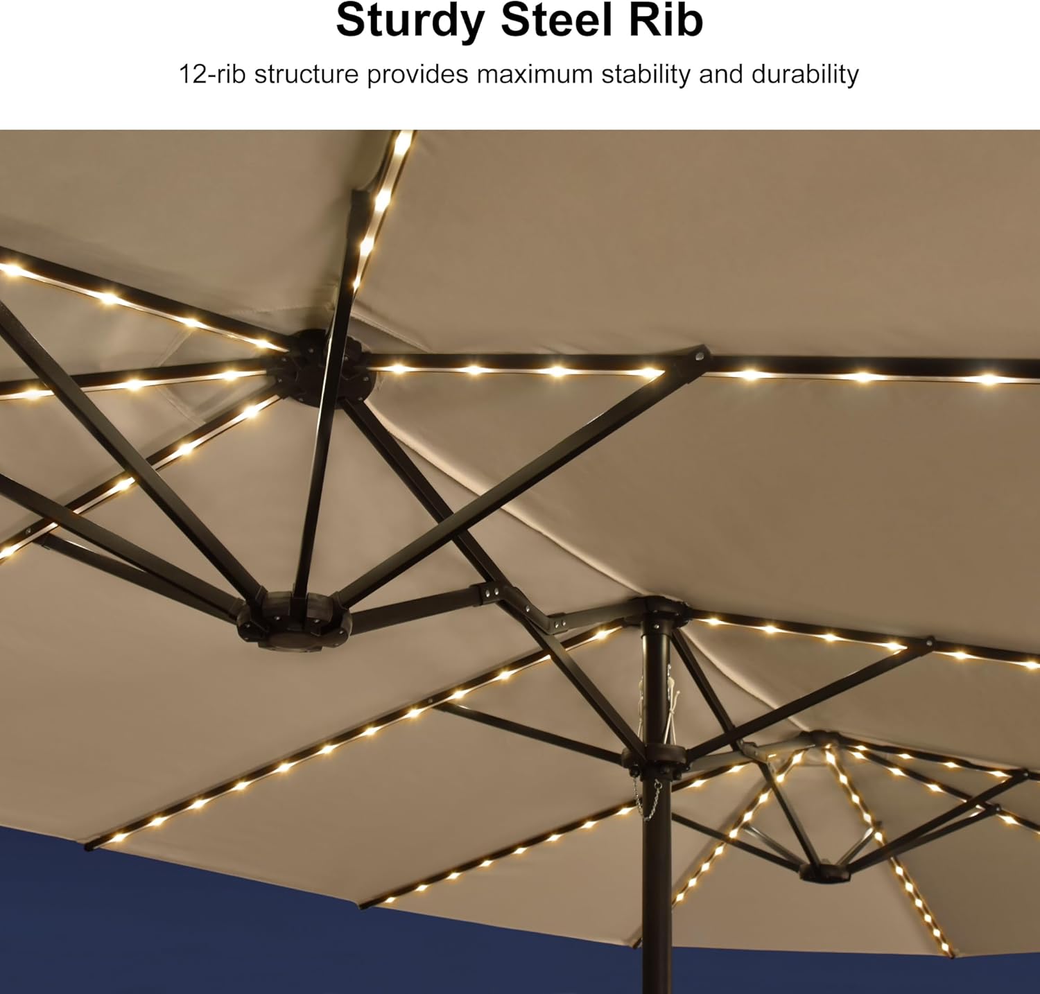 PURPLE LEAF 15ft Patio Market Umbrella with Solar LED and Base Double-Sided Rectangle Outdoor Table Sun Umbrellas with Crank for Pool Beach Deck Backyard Khaki