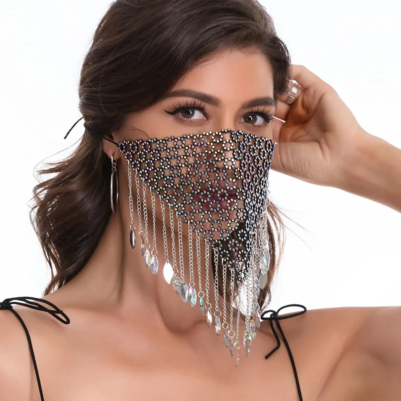 Moonlove Women Men Sparkling Rhinestones Fringe Mask Adults Stylish Sexy Face Veil Crystal Tassel Mesh Mask Triangle Neckerchief Halloween Costume Dance Party Retro Facial Accessory
