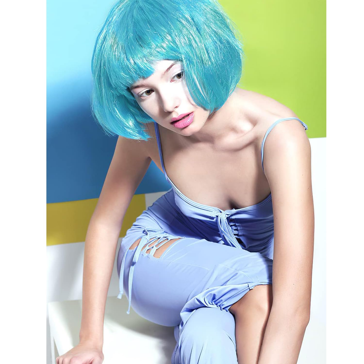 Creamily Short Bob Blue Wig with Bangs, Colorful Wig for Halloween Daily Cosplay & Party Use - Image 4