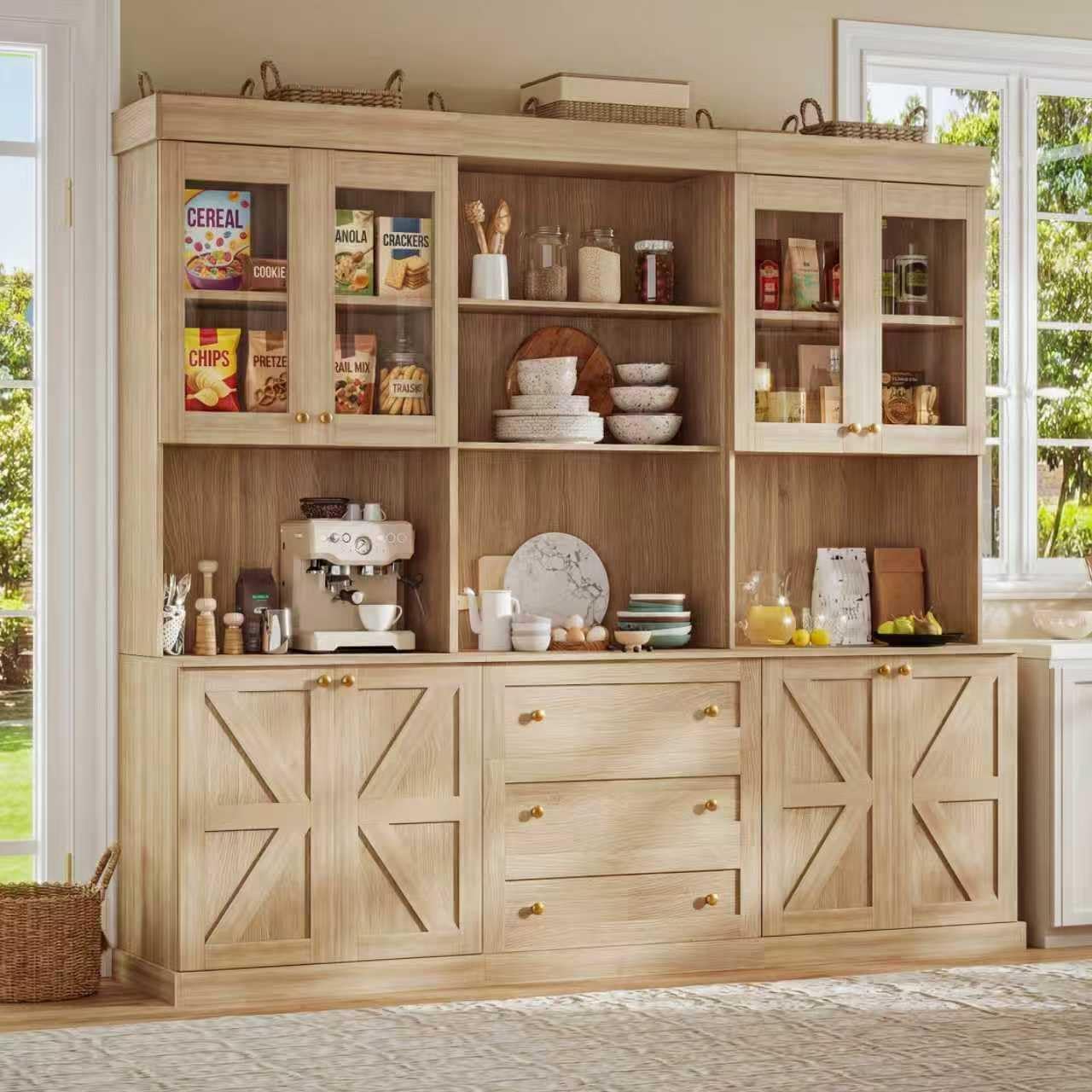 71" Farmhouse Kitchen Pantry Cabinet, Brown Freestanding Coffee Bar Hutch with Glass Doors, Drawers & Adjustable Shelves, Large Storage Cabinet with Microwave Stand for Living Room & Kitchen, Set of 3