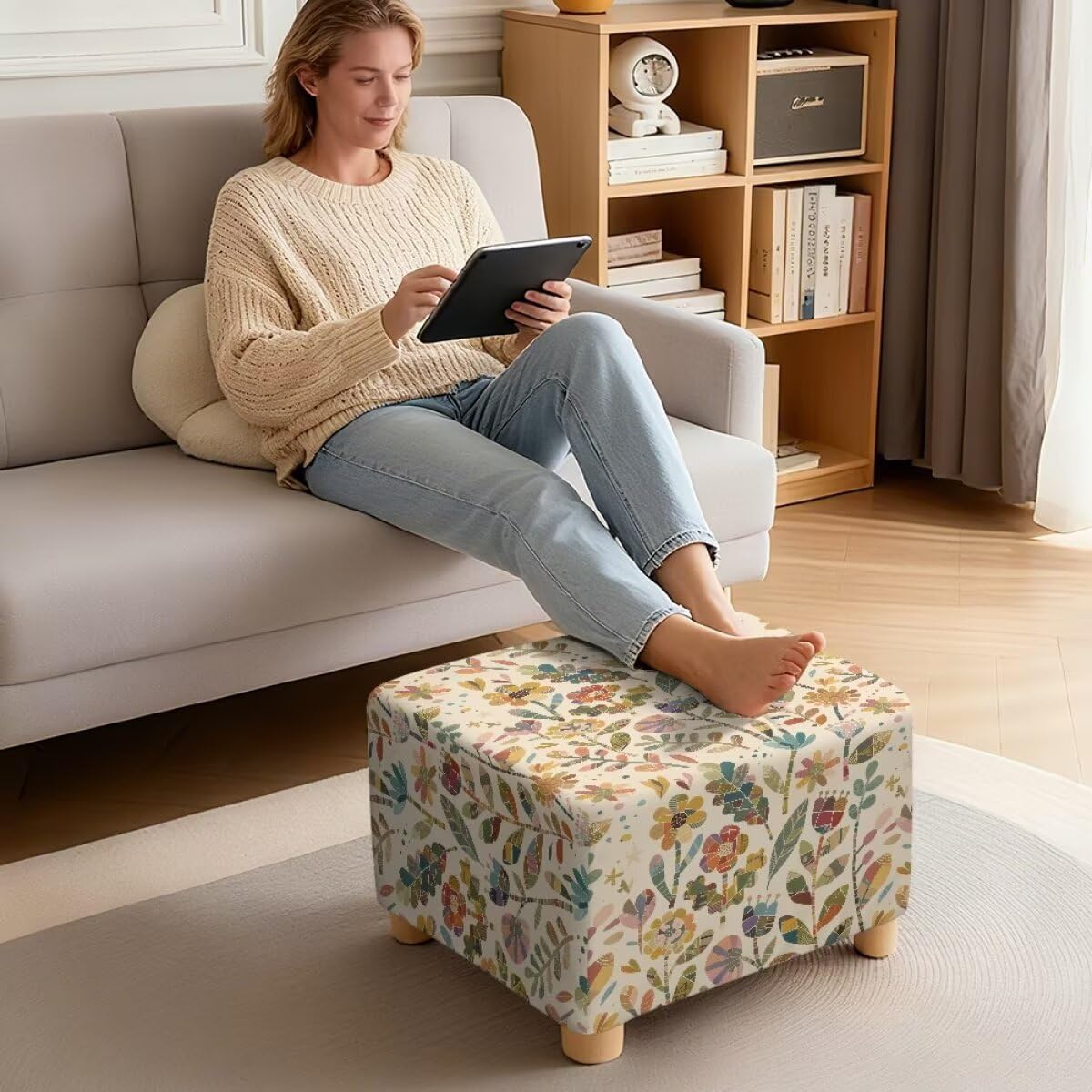 ZDCUSTOM Patchwork Floral Ottoman Cover Square Stretch Ottoman Cover Footrest Slipcovers Vibrant Stool Covers Footstool Protector Covers Soft Polyester Fabric, Small