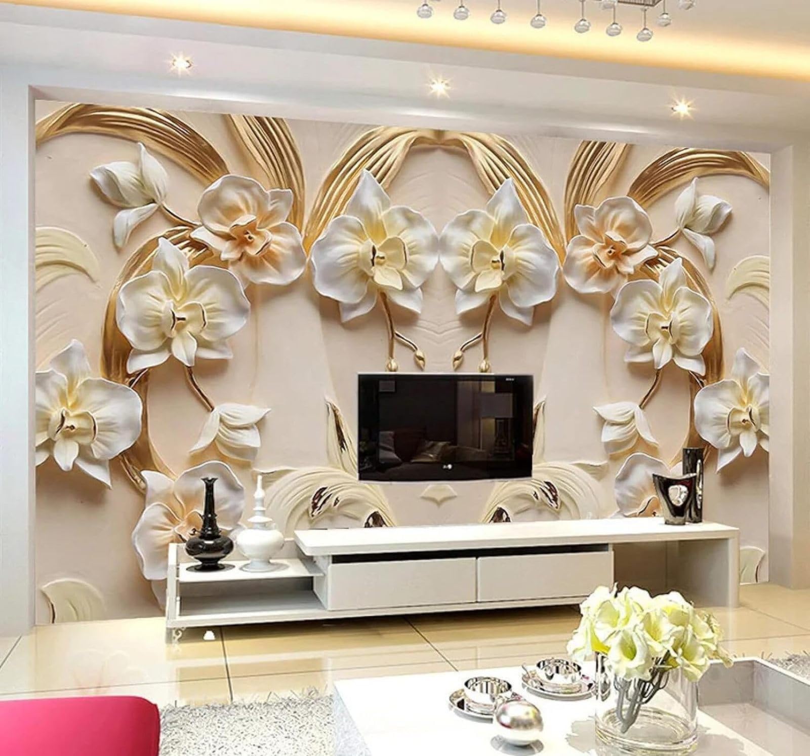 XLMING Minimalist Relief Beautiful Phalaenopsis Orchid Art 3D Wallpaper Luxury Silk Study Dining Feature Sofa Grey Bedroom Living Room Tv Decorative Wall-150cm×105cm