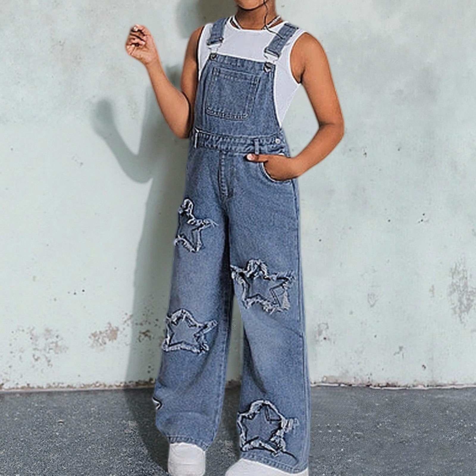 WWricotta Salopette in Jeans con Stella per Ragazze, Modello Casual a Gamba Larga con Vita Alta, Perfetta per Adolescenti, Outfit Comodo per Estate e Autunno, Denim Morbido/A