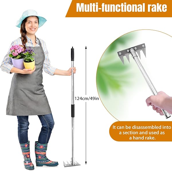 Râteau de jardin avec manche métallique de 1,2 m, râteau de jardin polyvalent, outil de désherbage, extracteur d'herbe portable pour la cour et le jardin, pour le désherbage/le travail du sol/le semis - 4