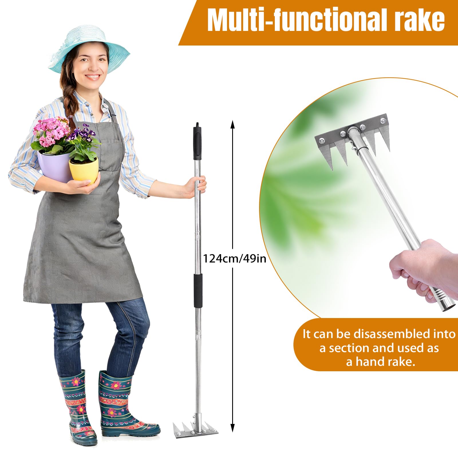 Rastrello da Giardino a 8 Denti con Manico in Metallo da 1,2 m, Attrezzo Multifunzionale per Diserbare, Portatile per Giardino e Cortile, per Sarchiare, Smuovere il Terreno e Seminare