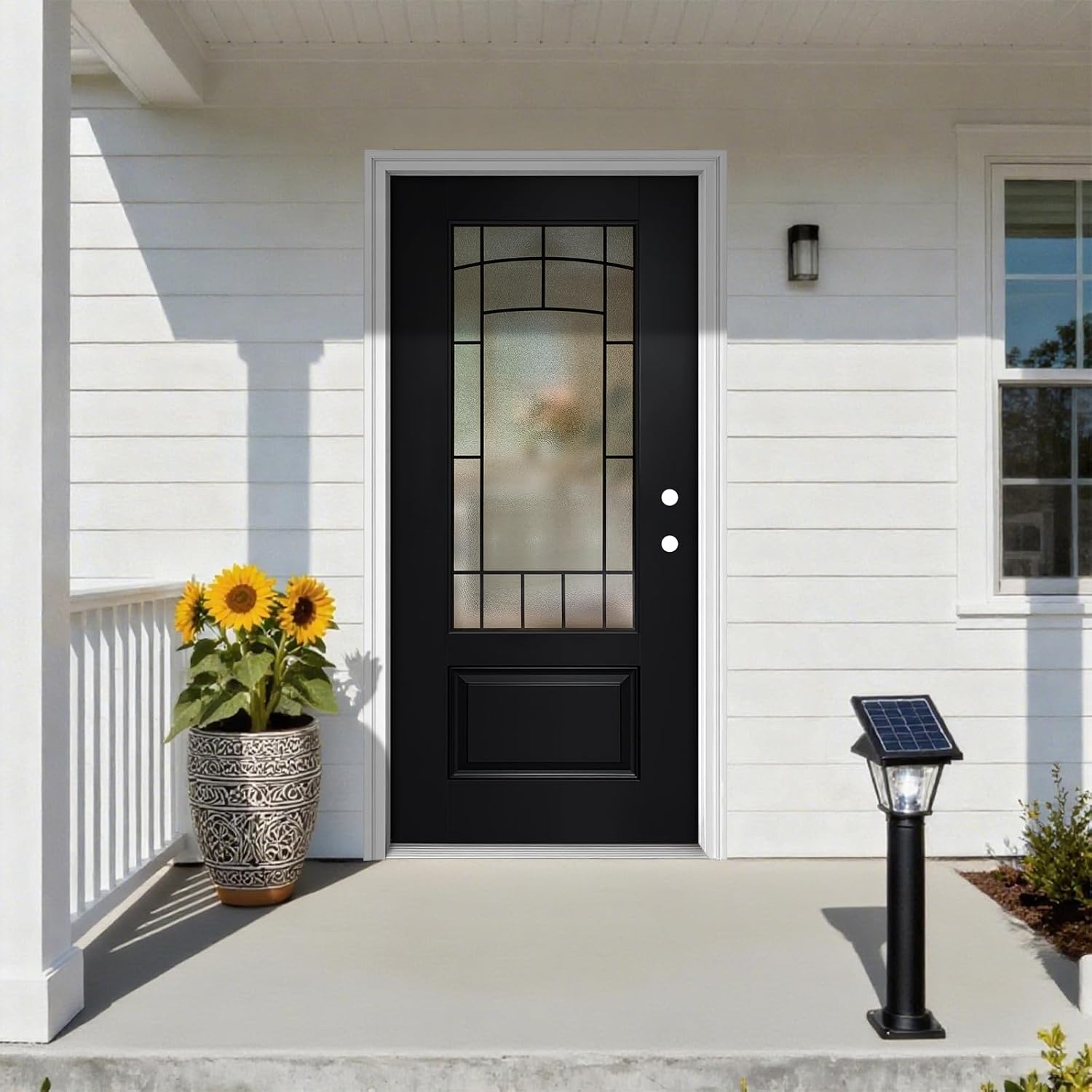 Classic Fiberglass Front Entry Door 36\" x 80\", Black Textured with Wrought Iron Glass, Includes Frame and Brickmould,Left Hand Inswing